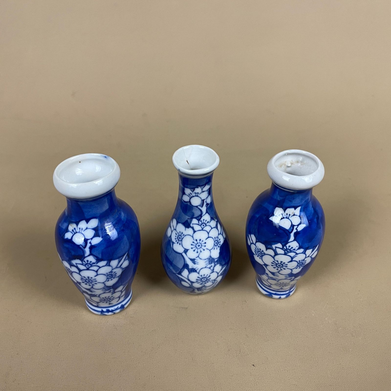 Set Of 3 Miniature Oriental Chinese Ceramic Porcelain Hand Painted Vase Small Floral Decorative Pot Antique Asian Flower Blue White Prunus photo Home Decor