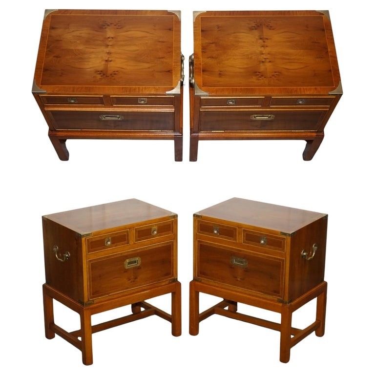 A Pair Of Yew Wood & Brass English Military Campaign End Cabinets Nightstands