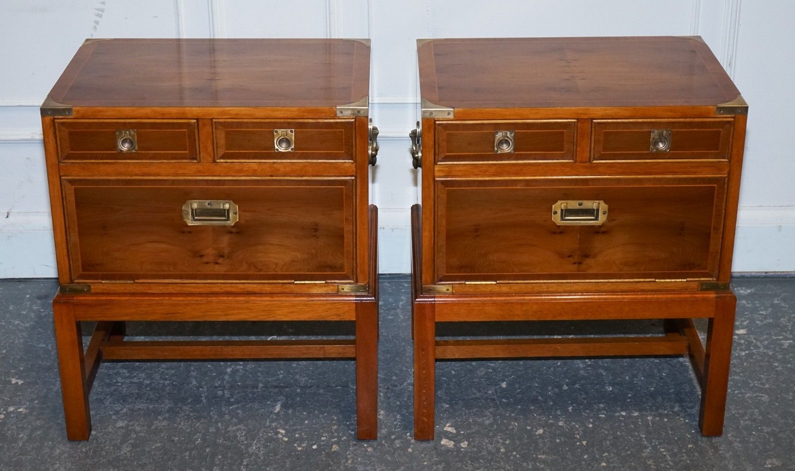 A Pair Of Yew Wood & Brass English Military Campaign End Cabinets Nightstands photo for sale