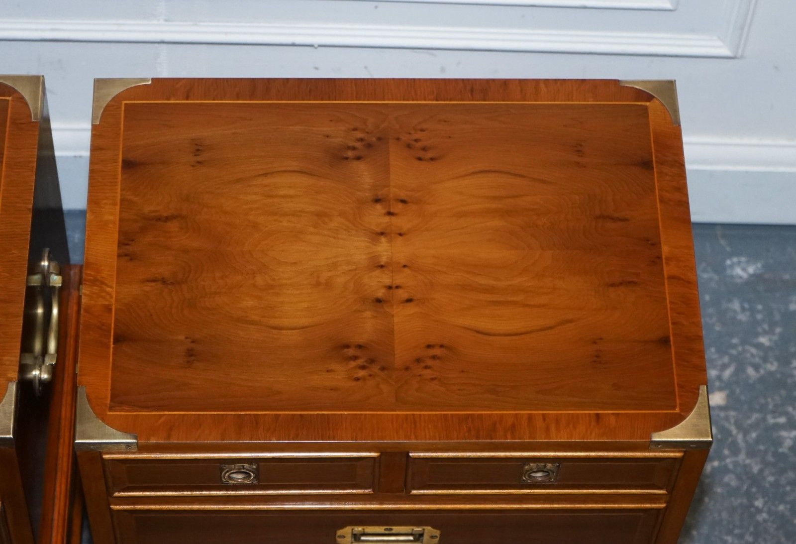 2500.0 A Pair Of Yew Wood & Brass English Military Campaign End Cabinets Nightstands photo