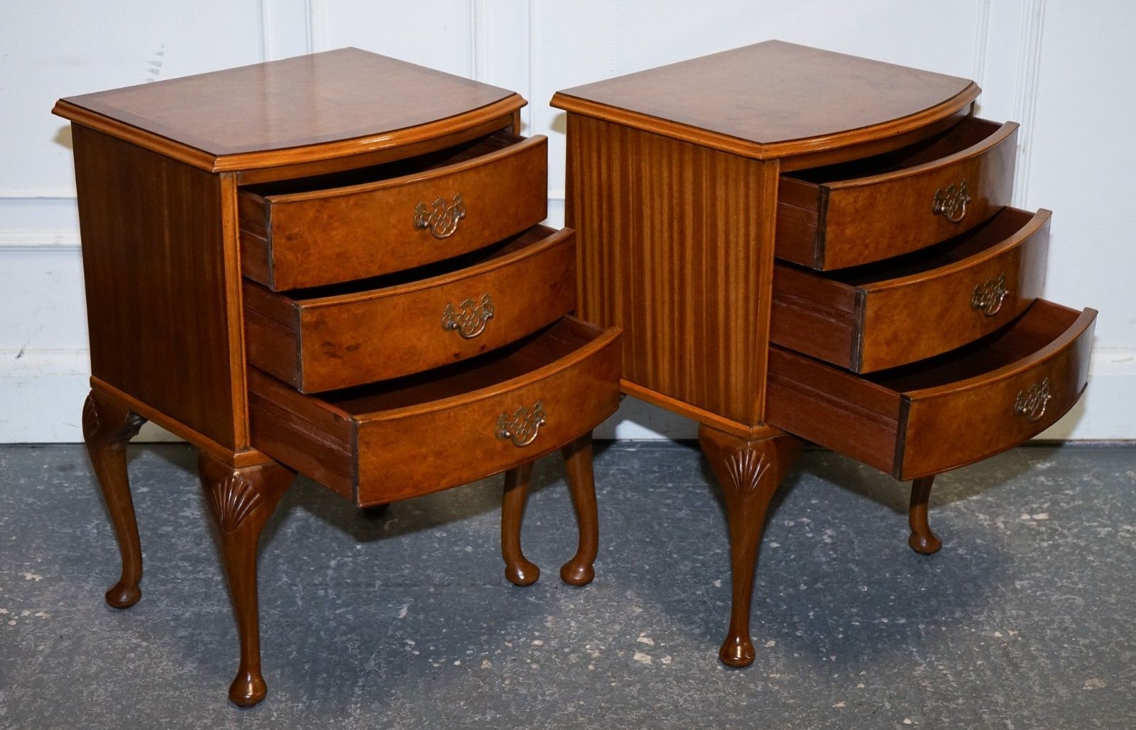 Gorgeous Pair Of Art Deco Style Burr Walnut Bedsides Nightstands Tables photo for sale