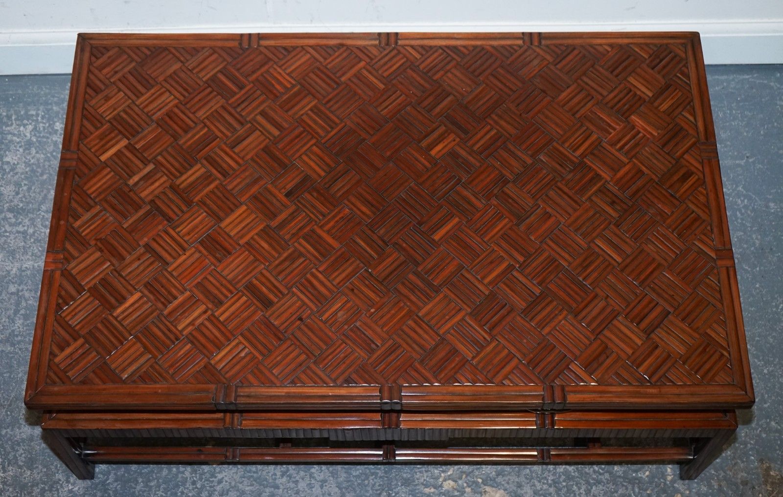 Circa 1950's  Maitland & Clascoe Waven Faux Bamboo Pagoda Coffee Table Drawers photo vintage
