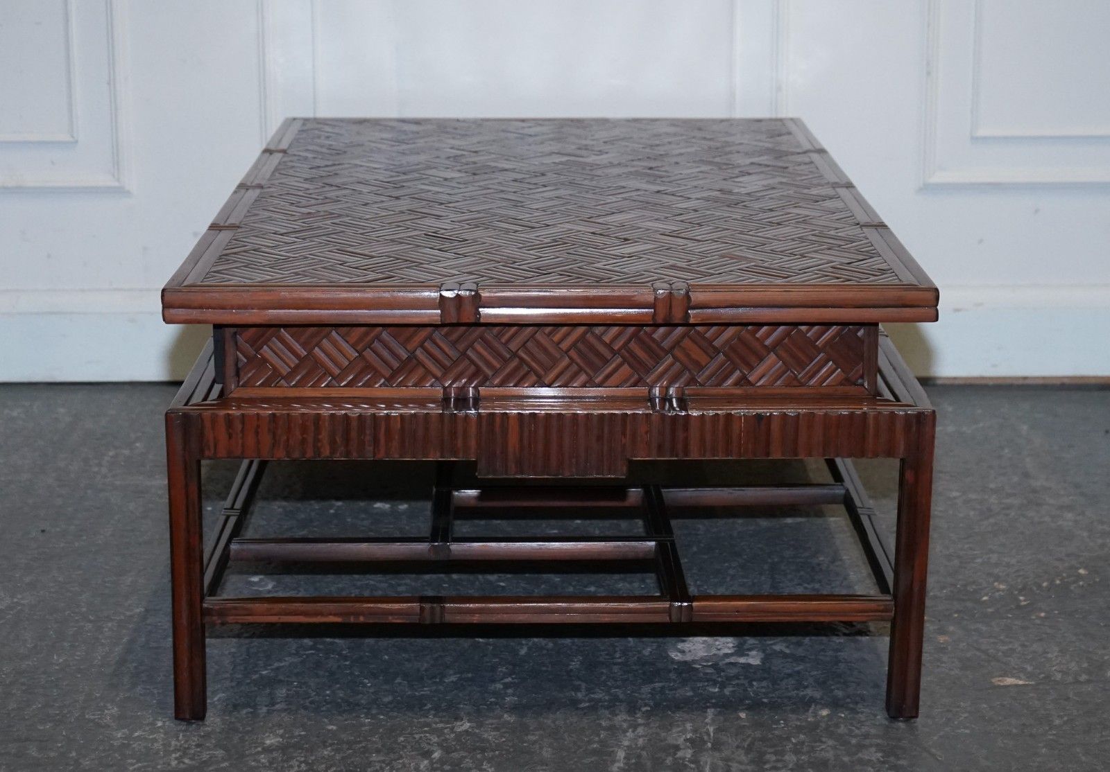 1850.0 Circa 1950's  Maitland & Clascoe Waven Faux Bamboo Pagoda Coffee Table Drawers photo
