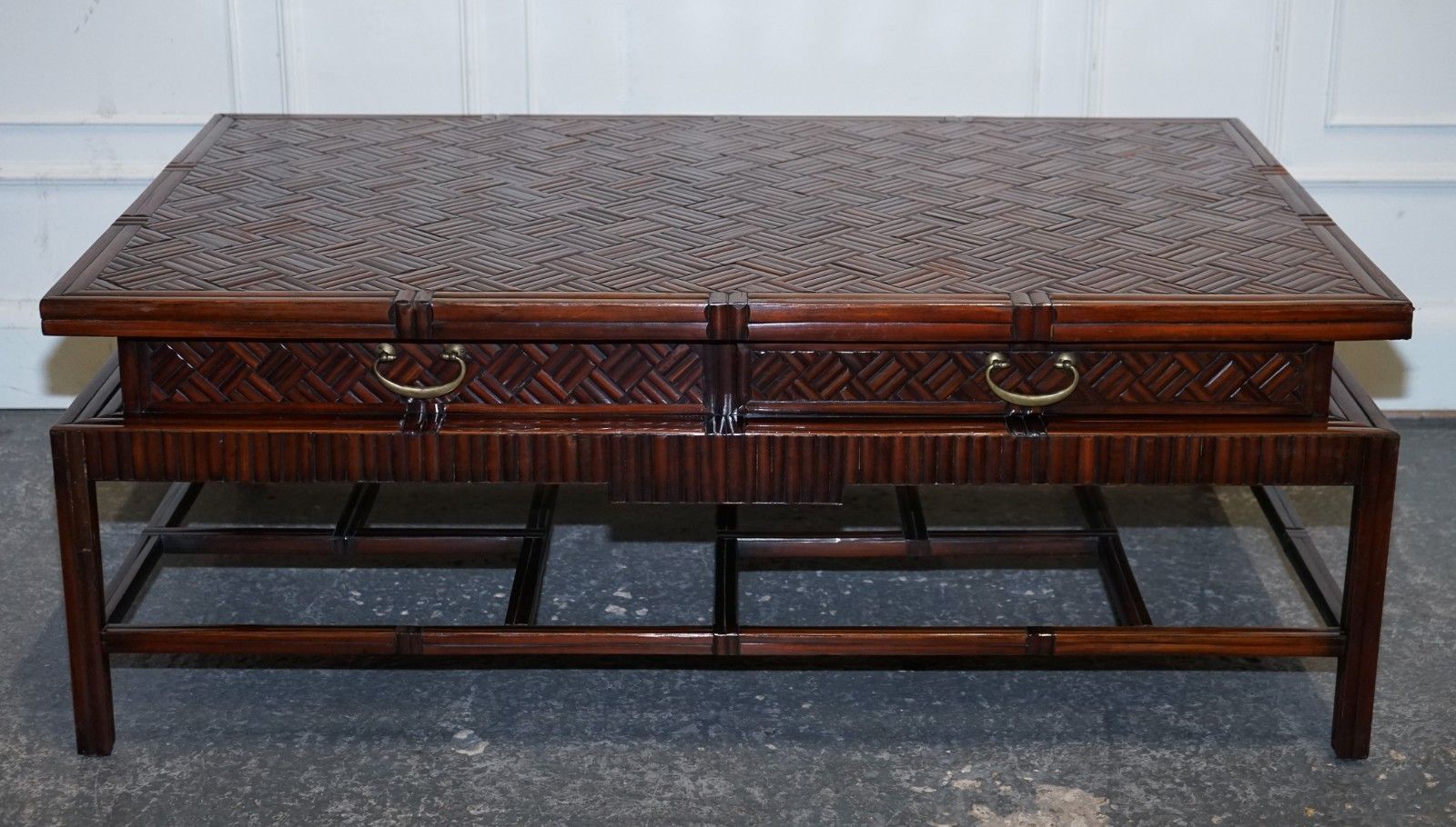 photo buy Circa 1950's  Maitland & Clascoe Waven Faux Bamboo Pagoda Coffee Table Drawers