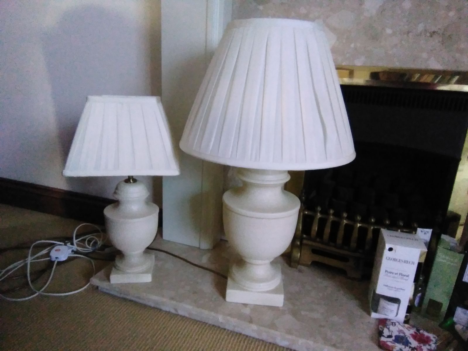 Two Cream Stone Effect Classical Urn Lamp Bases & Pleated Silky Shades photo Lighting