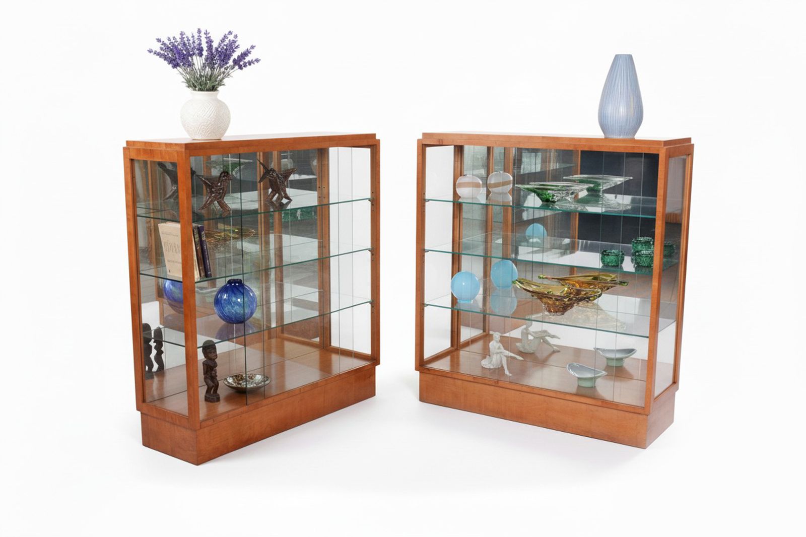 Pair Of Restored Art Deco Display Cabinets, Maple, Glass, Mirror, Czech, 1930s