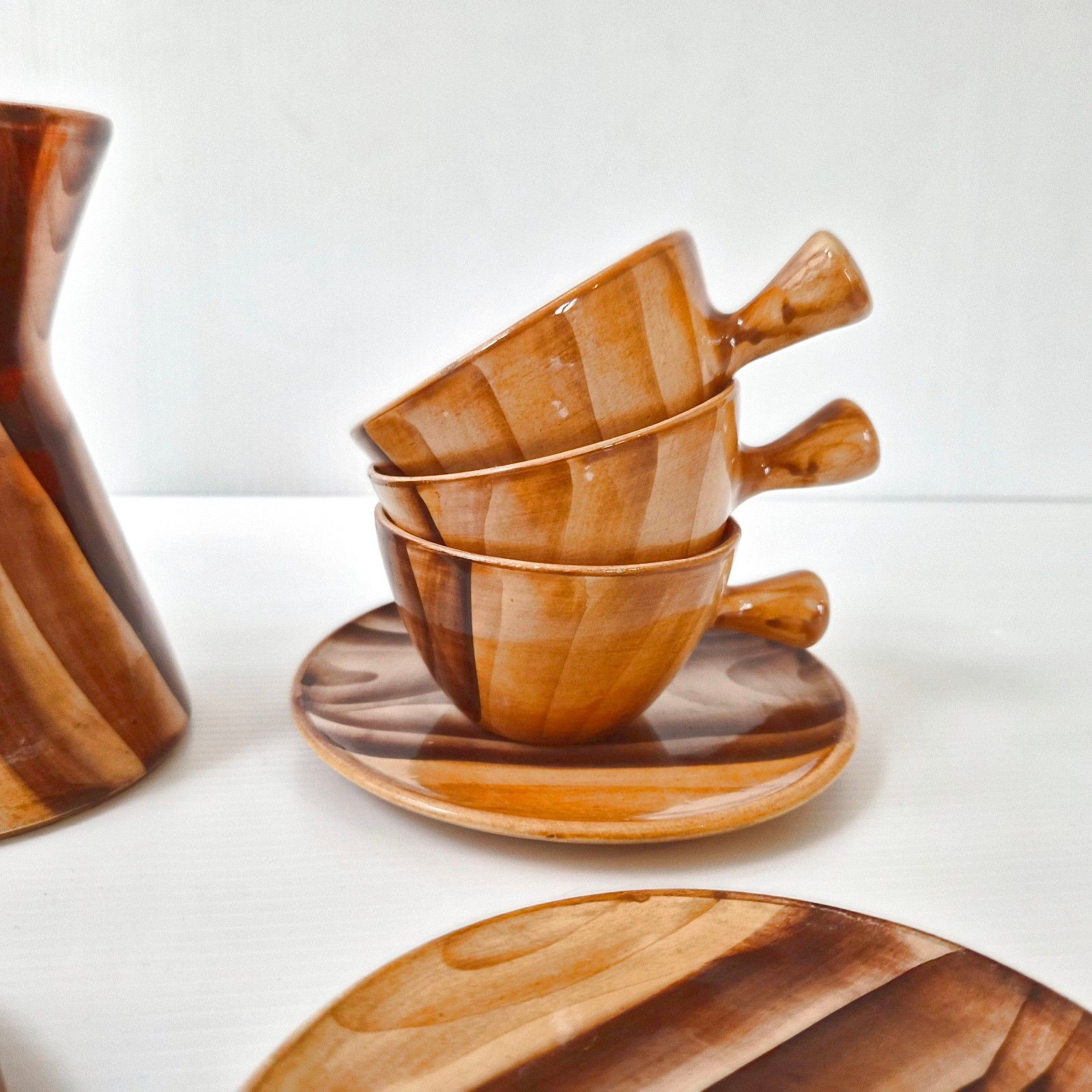 photo for sale Vintage French 1960s Vallauris 60s 1969 Faux Wood Ceramic Coffee Set