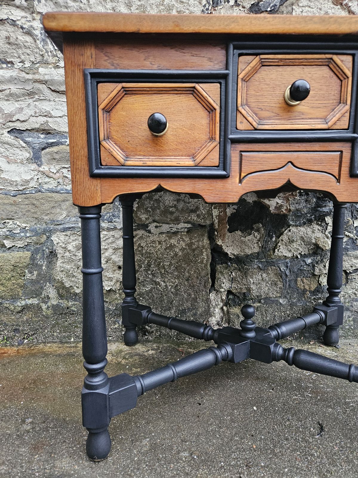 Vintage Chest Of Drawers Oak Three Drawers Cabinet Superb Ebonised Detailing photo vinterior