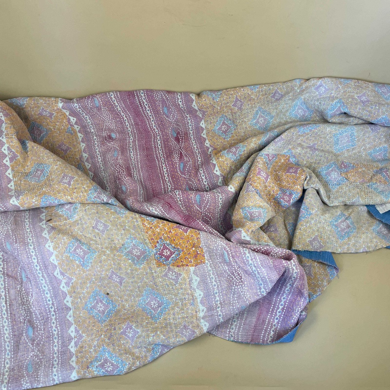 Vintage Indian Fabric Blanket Hand Embroidered Pattern Tapestry Cotton Handmade Craft Traditional Cloth India Stitched Patchwork 109x142cm photo for sale