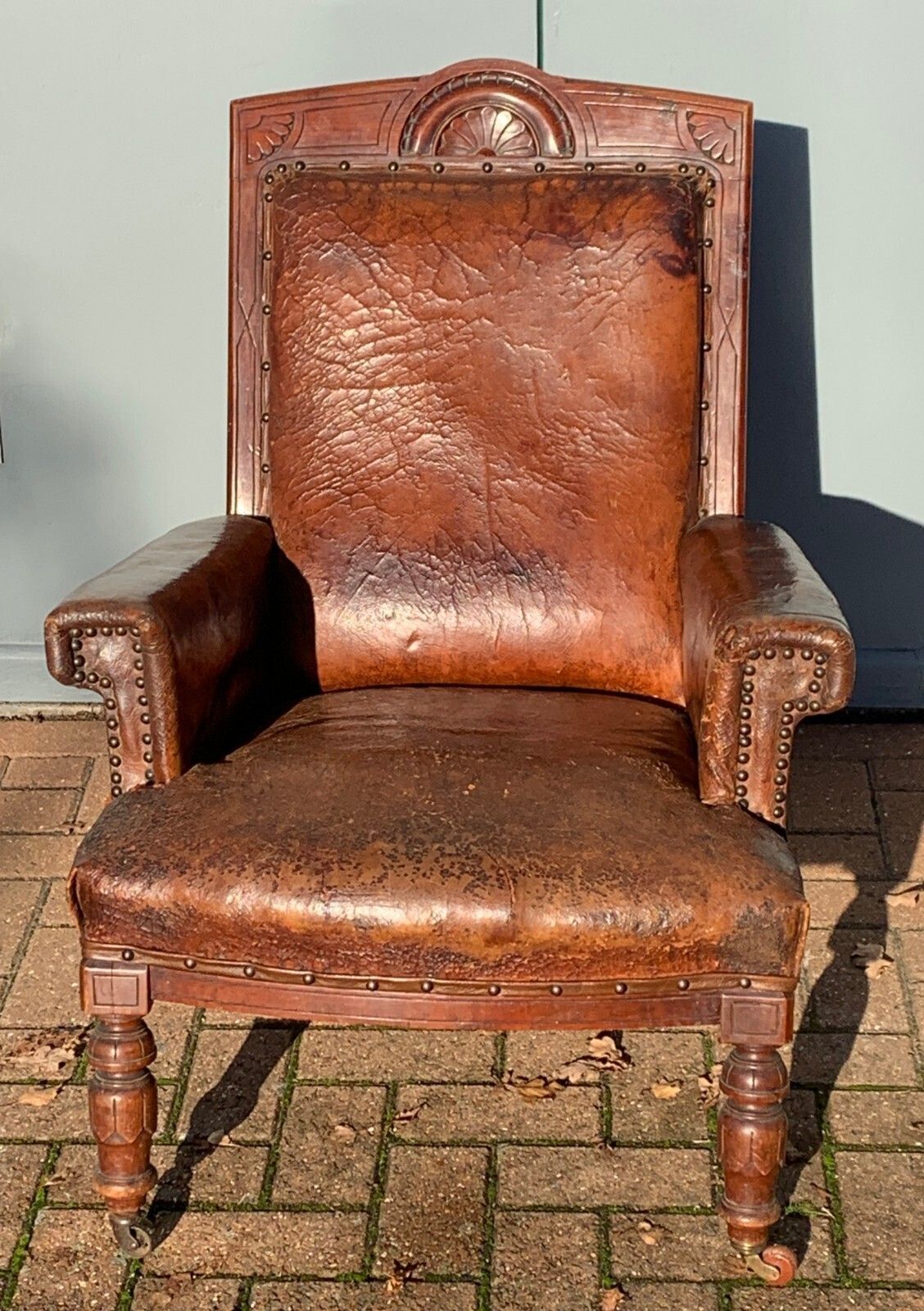 Antique Victorian Leather Library Chair On Castors C 1840's photo furniture