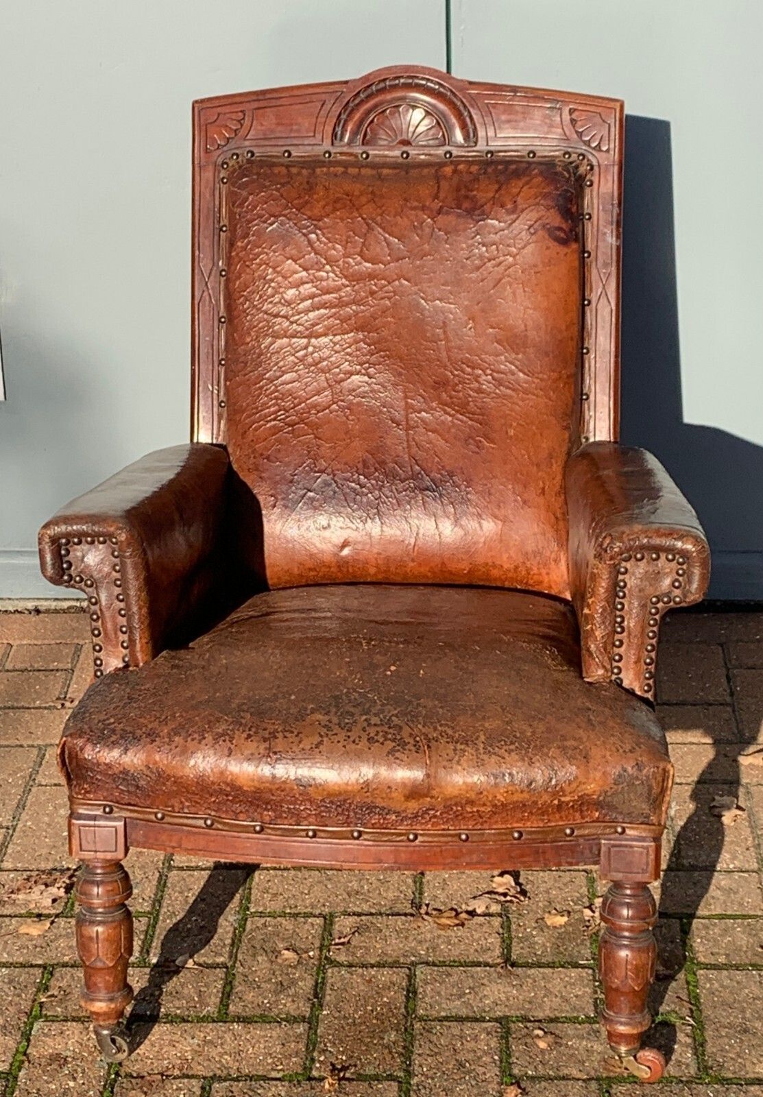 Antique Victorian Leather Library Chair On Castors C 1840's photo buy
