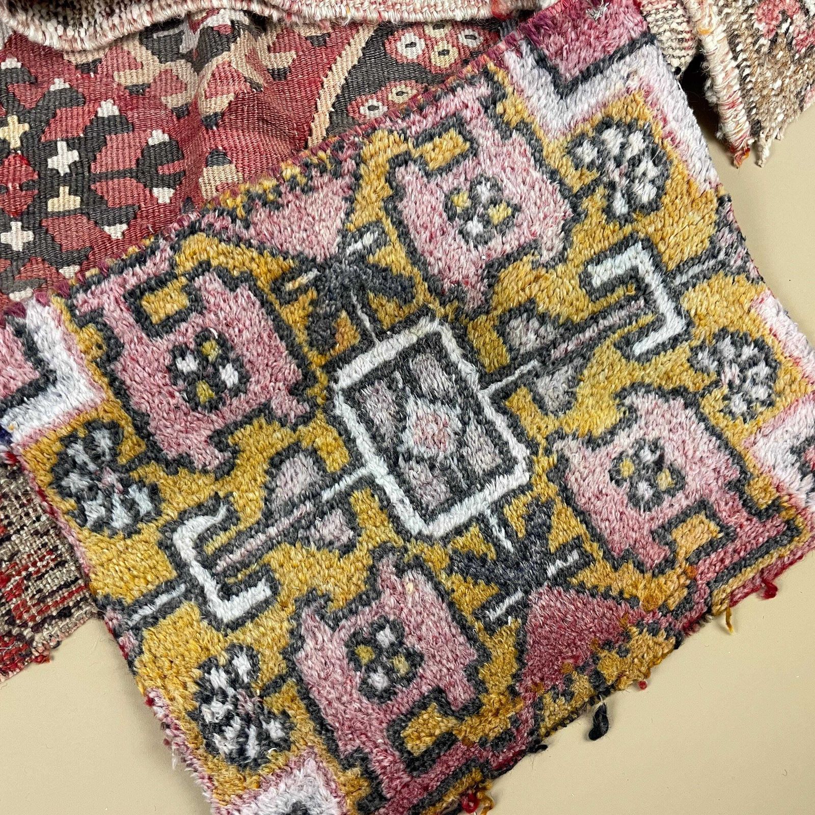 Pile Of Random Carpet Fabrics Upholstery Pattern Tapestry Craft Project Vintage Fabric Woven Patterned England Kilim Woven Wool photo for sale