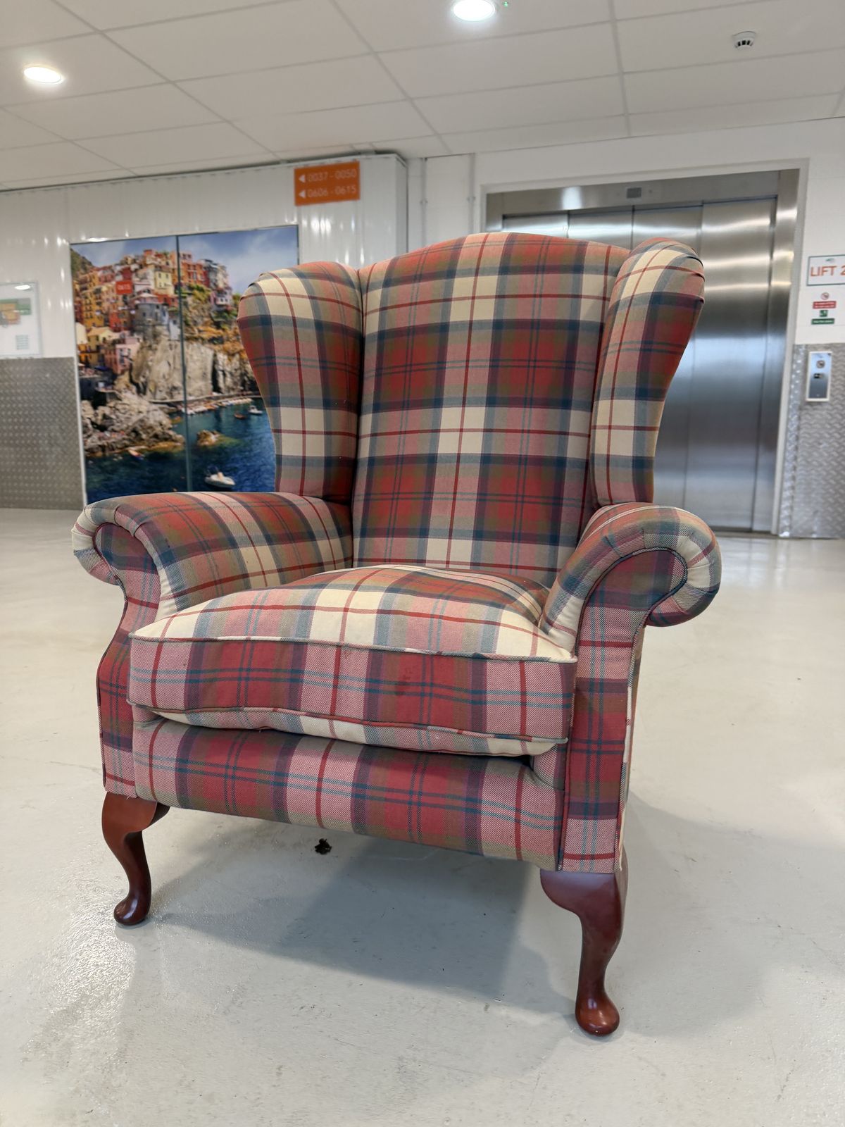 photo buy Lovely Queen Anne Style High Wingback Armchair In Red Check Fabric – Great Condition
