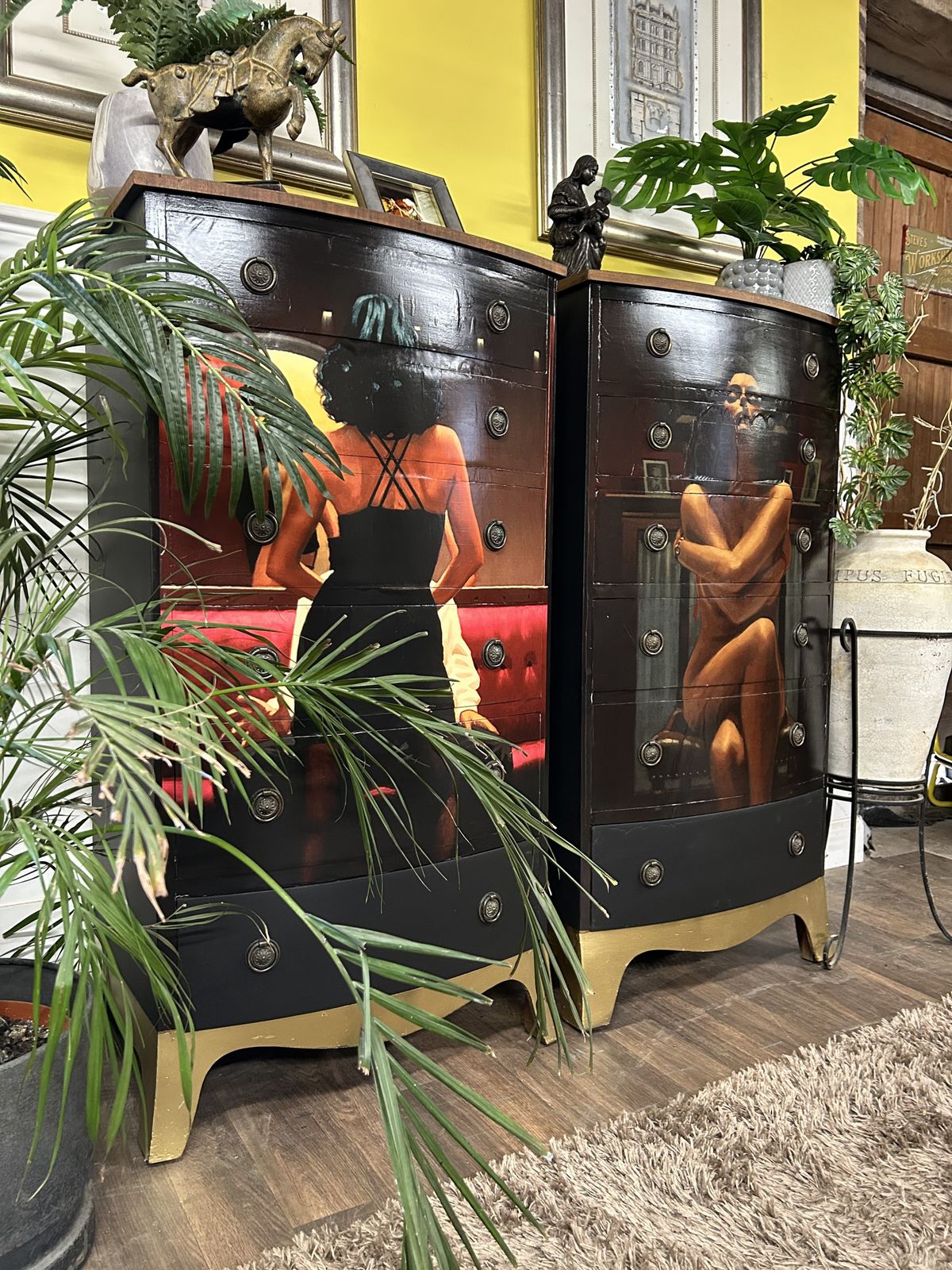 A Striking Pair Of Bow Fronted Chests Of Drawers Adorned With Jack Vettriano Art From His Erotic Collection Celebrating The Power Of The Woman