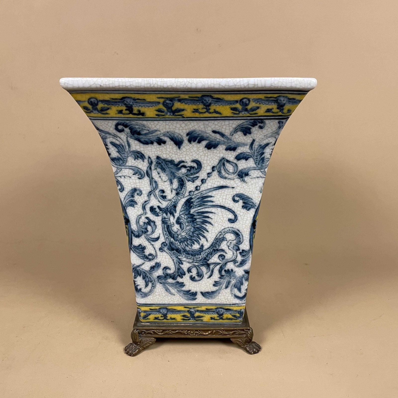 Vintage Ceramic Planter Blue & White Vase With Gold Metal Stand Continental Display Patterned Flared Top Crackle Glaze Flower Yellow photo furniture