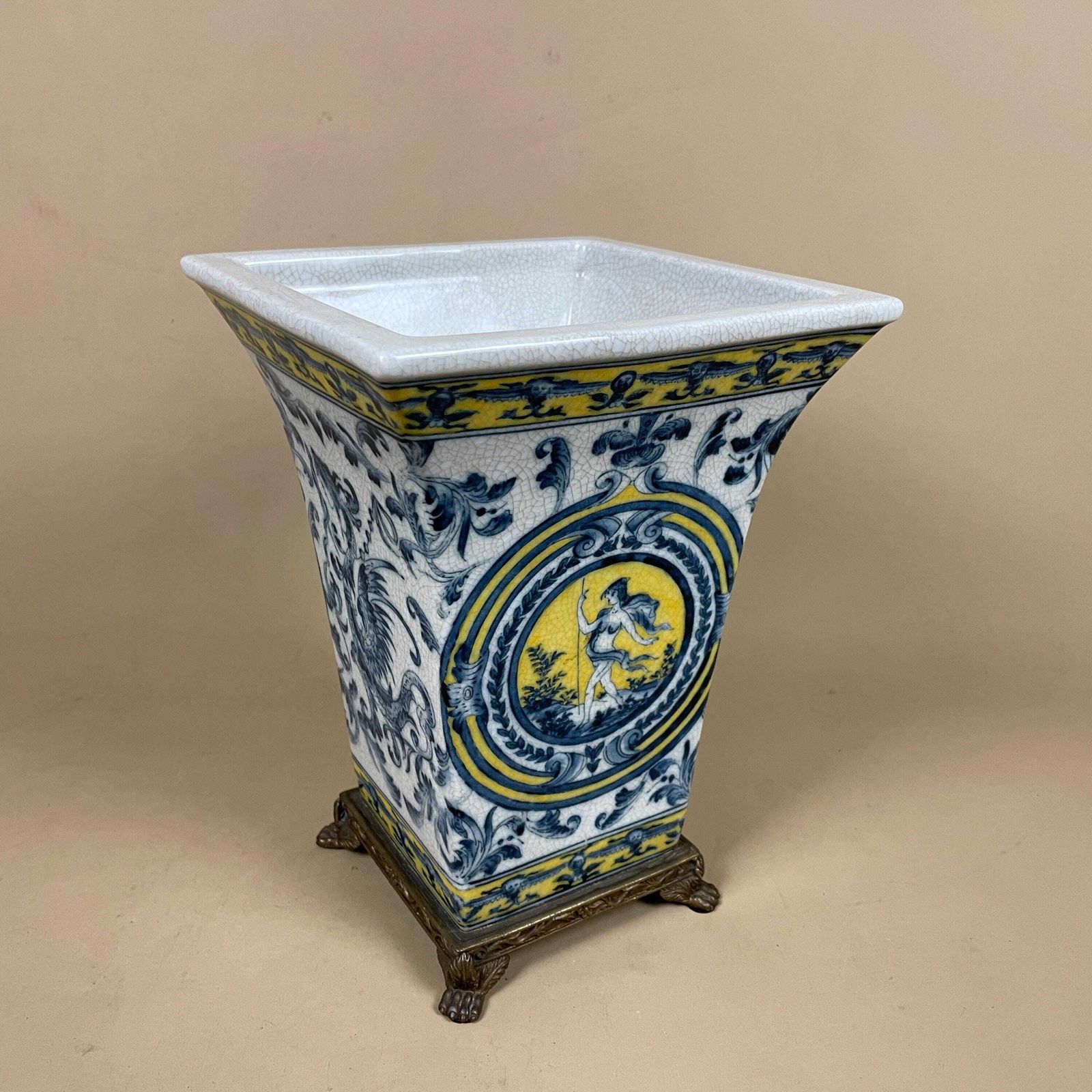 Vintage Ceramic Planter Blue & White Vase With Gold Metal Stand Continental Display Patterned Flared Top Crackle Glaze Flower Yellow photo Home Decor