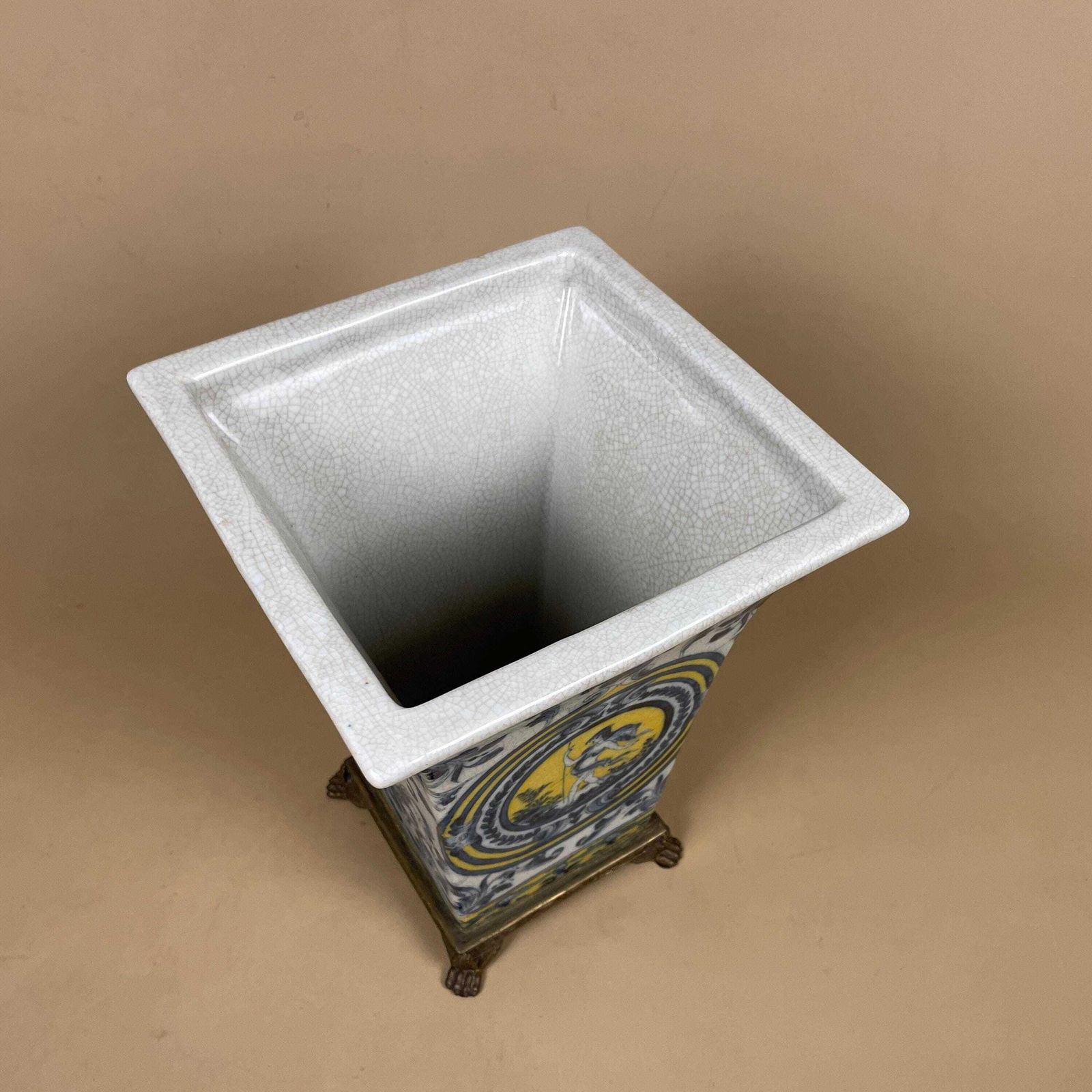 Vintage Ceramic Planter Blue & White Vase With Gold Metal Stand Continental Display Patterned Flared Top Crackle Glaze Flower Yellow photo buy