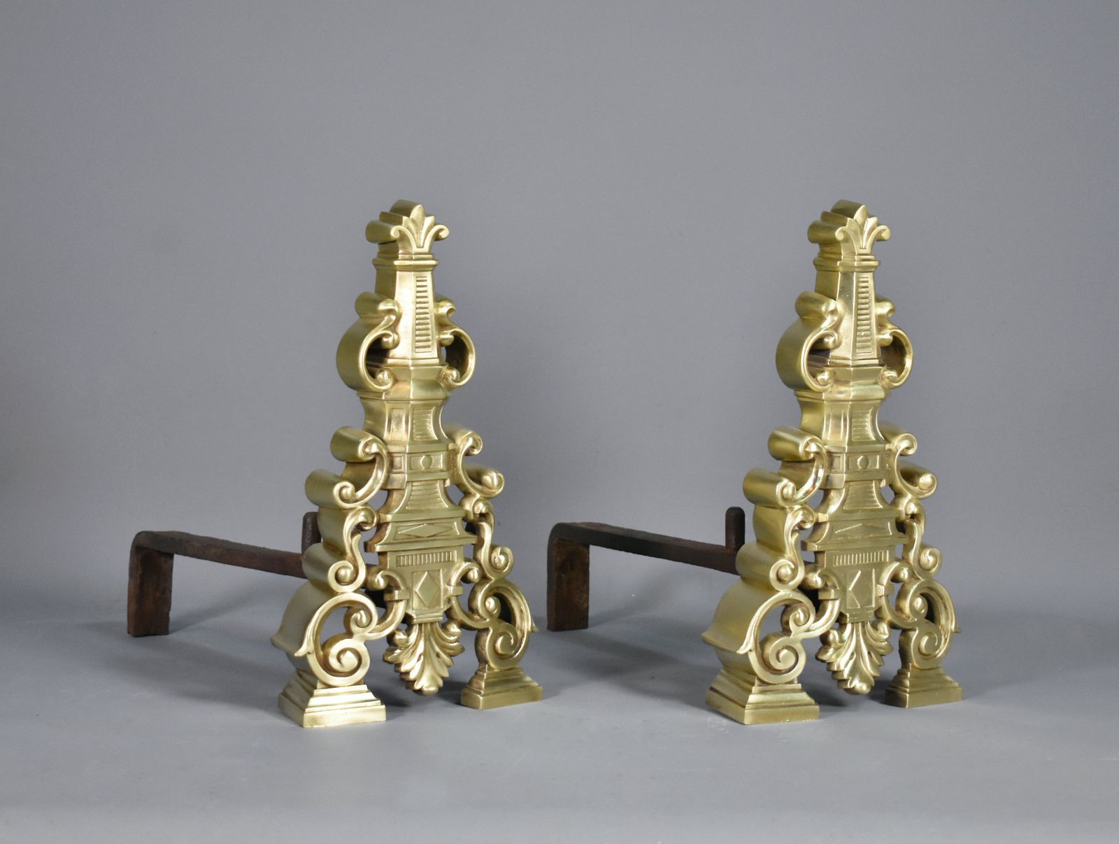 Pair French Antique Brass Fire Dogs / Andirons   Early 20th Century photo for sale
