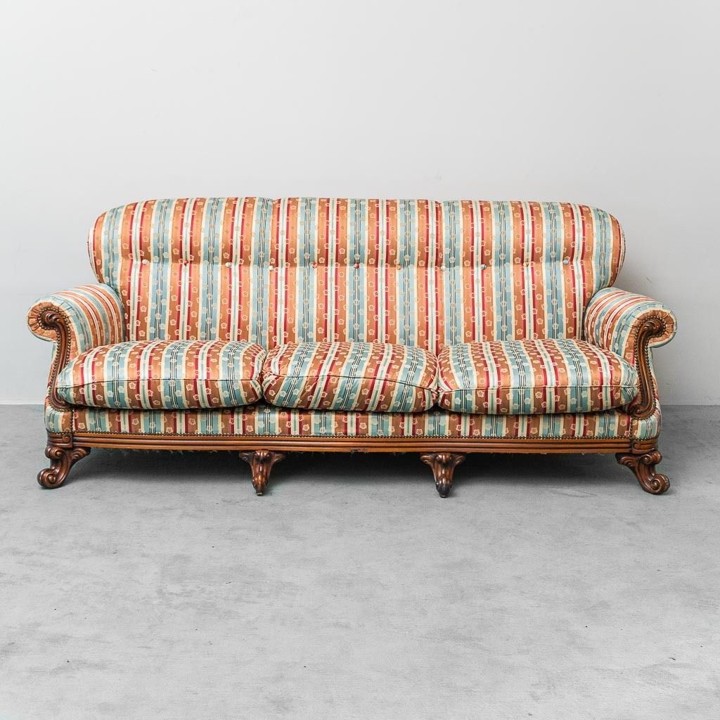 Vintage 3 Seater Sofa With Multicolored Striped Fabric And Wood From The 1950s, Vintage Modern Antiques photo vinterior