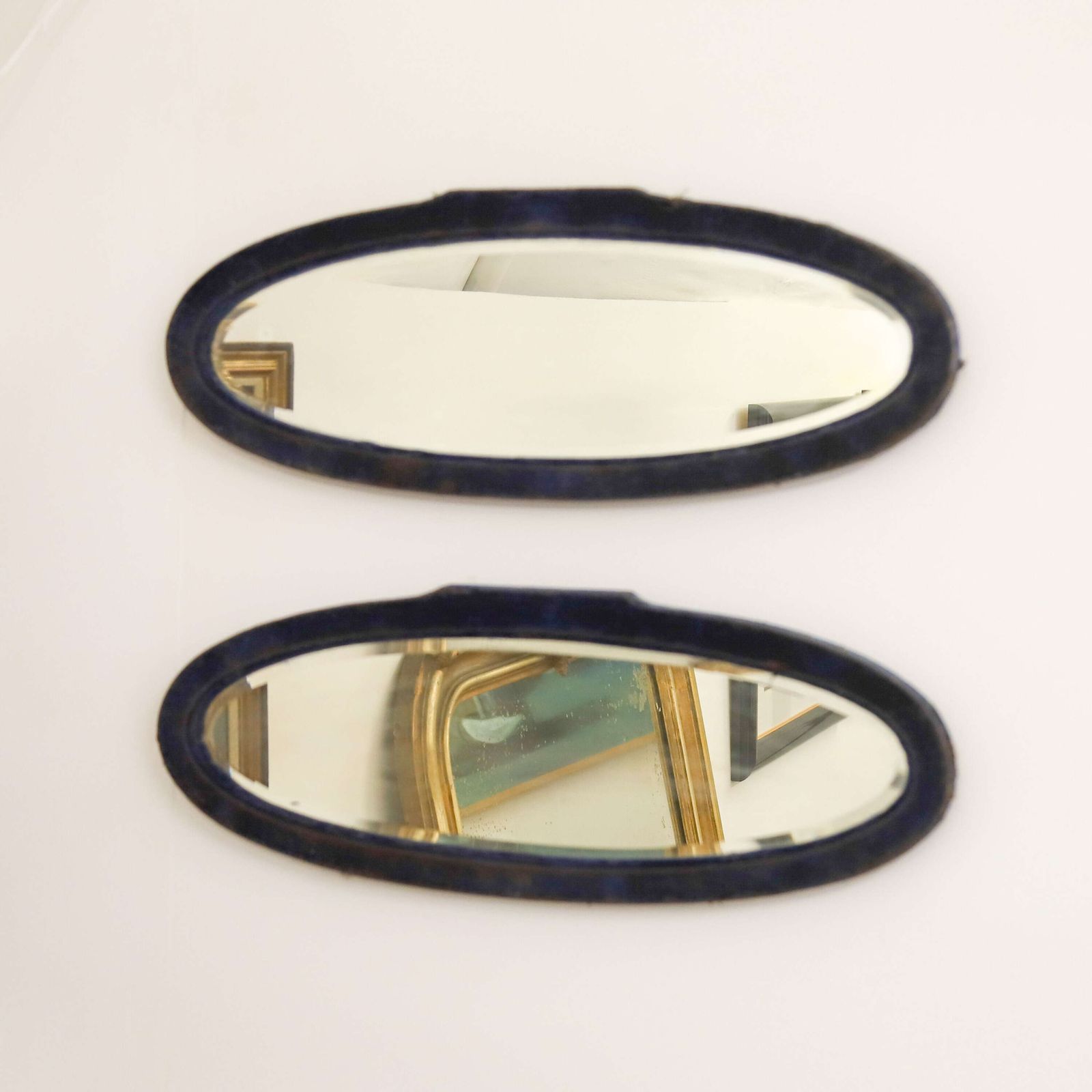 Pair Of French Art Deco Oval Mirrors   Original Plates & Distressed Velvet Frames C. 1930 photo furniture