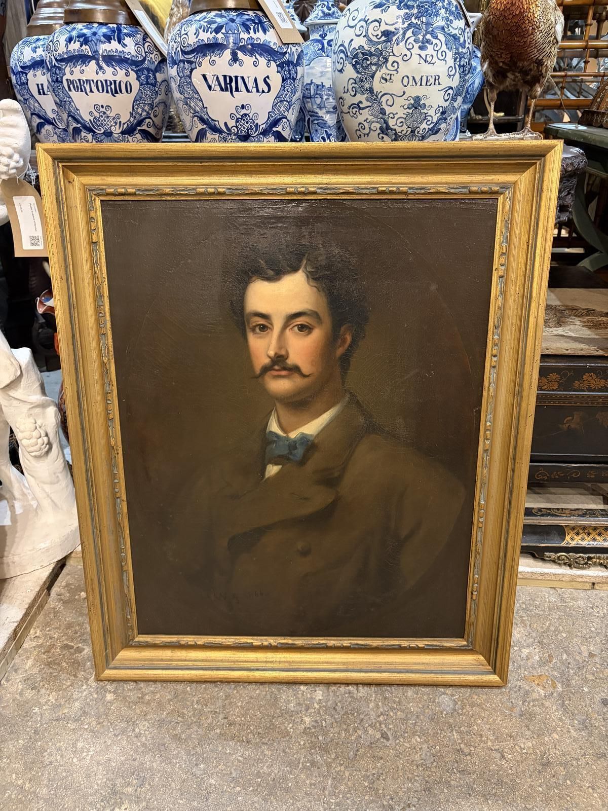 Victorian Oil On Canvas Portrait Of Gentleman In Blue Bowtie