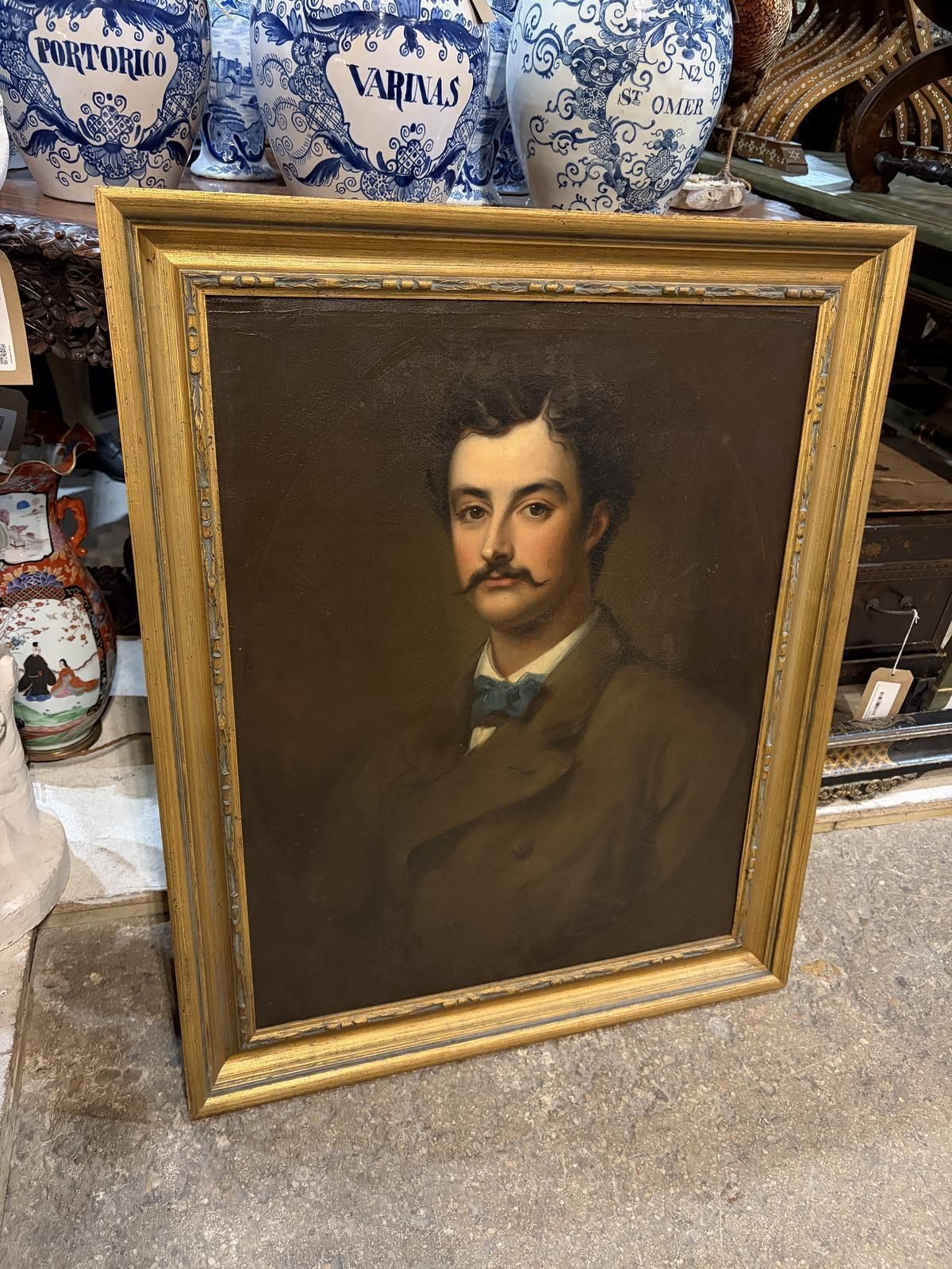 Victorian Oil On Canvas Portrait Of Gentleman In Blue Bowtie photo Art