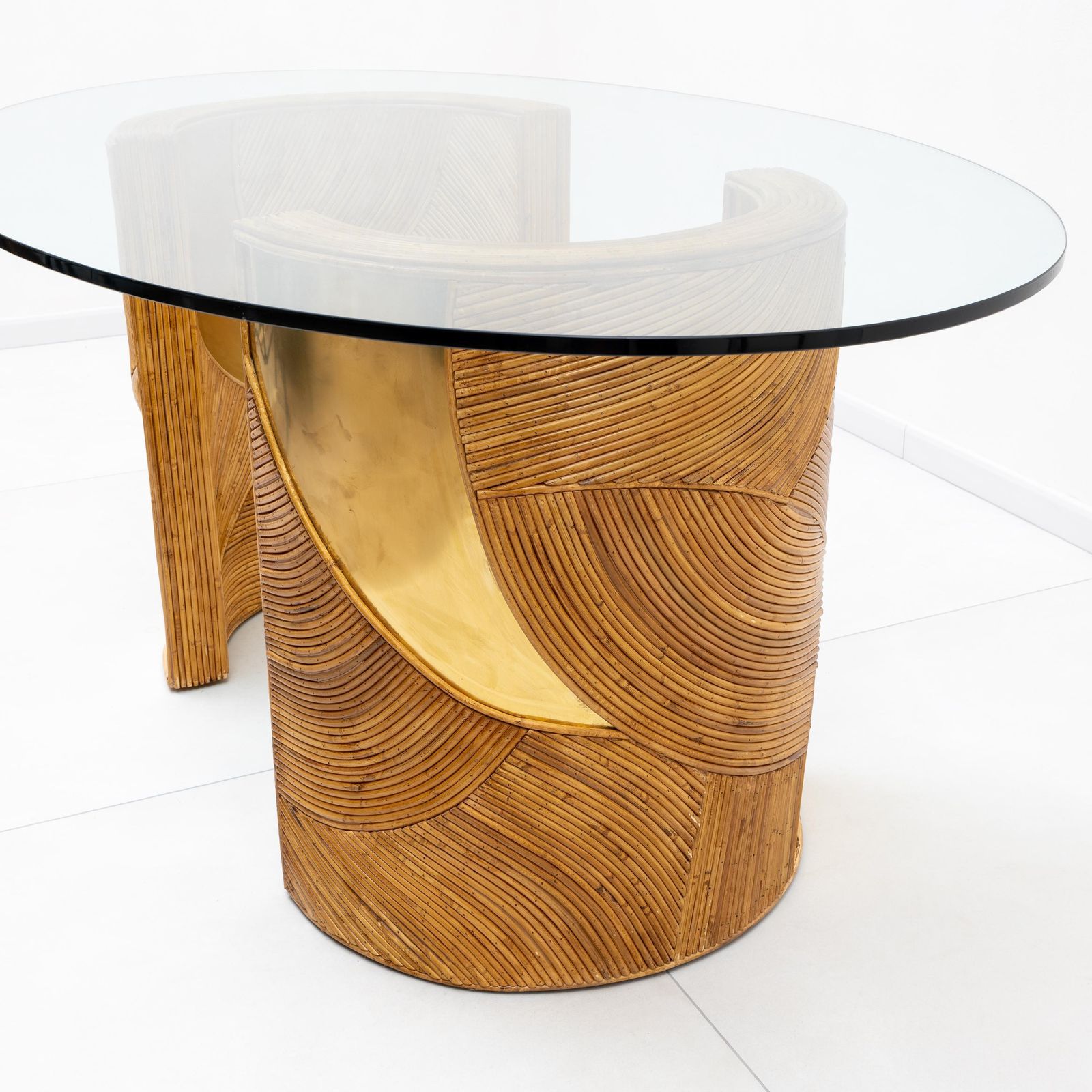 Mid Century Modern Italian Rattan And Brass Dining Table By Vivai Del Sud, 70s photo vinterior