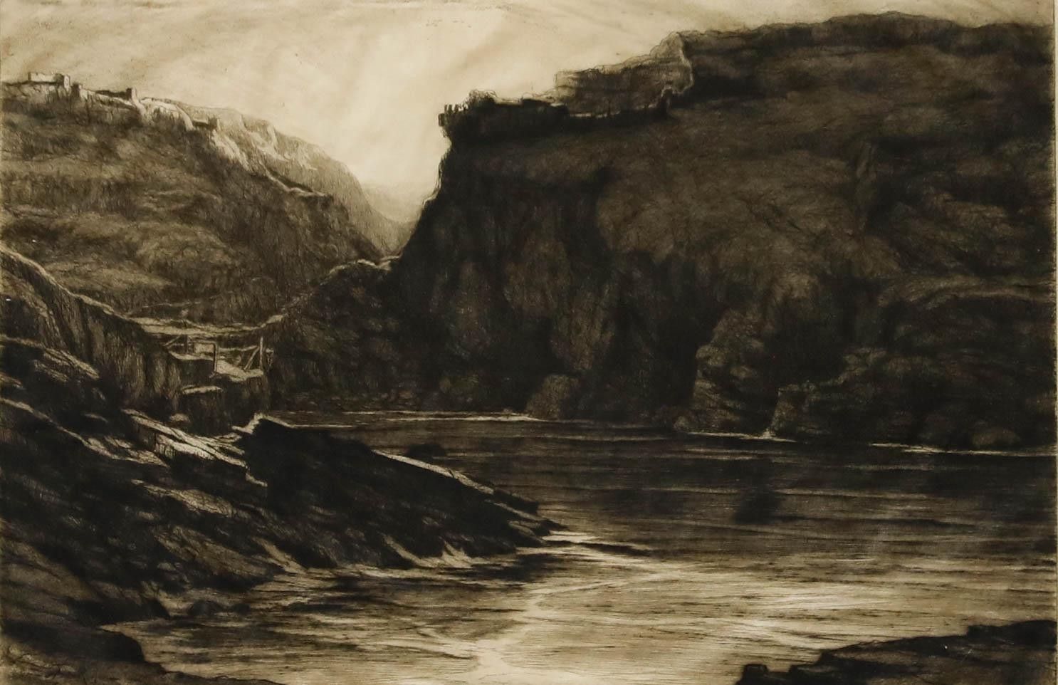 Framed Early 20th Century Etching Mountain Top Ruins photo furniture