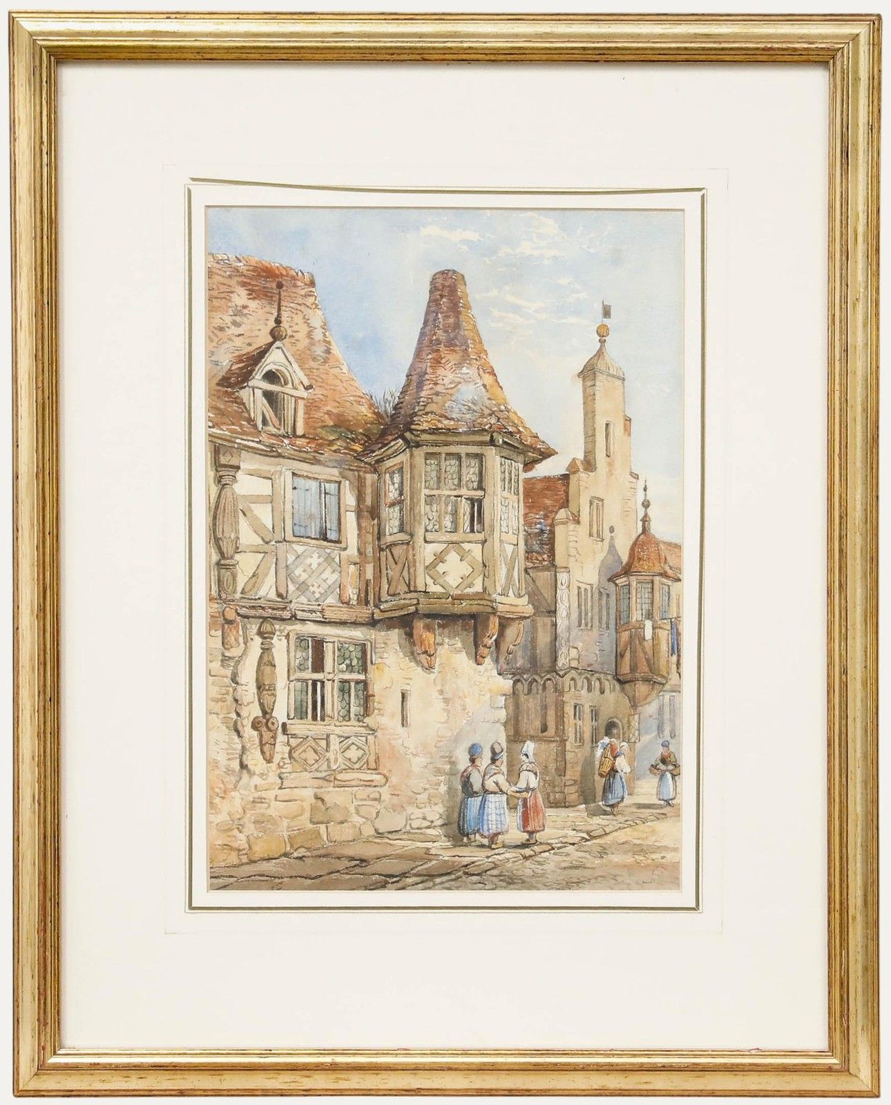 Framed 19th Century Watercolour Conversation In The Street