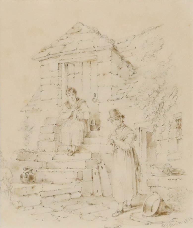Paul Sandby Munn (1773 1845) 1839 Graphite Drawing, At The Cottage Door photo furniture