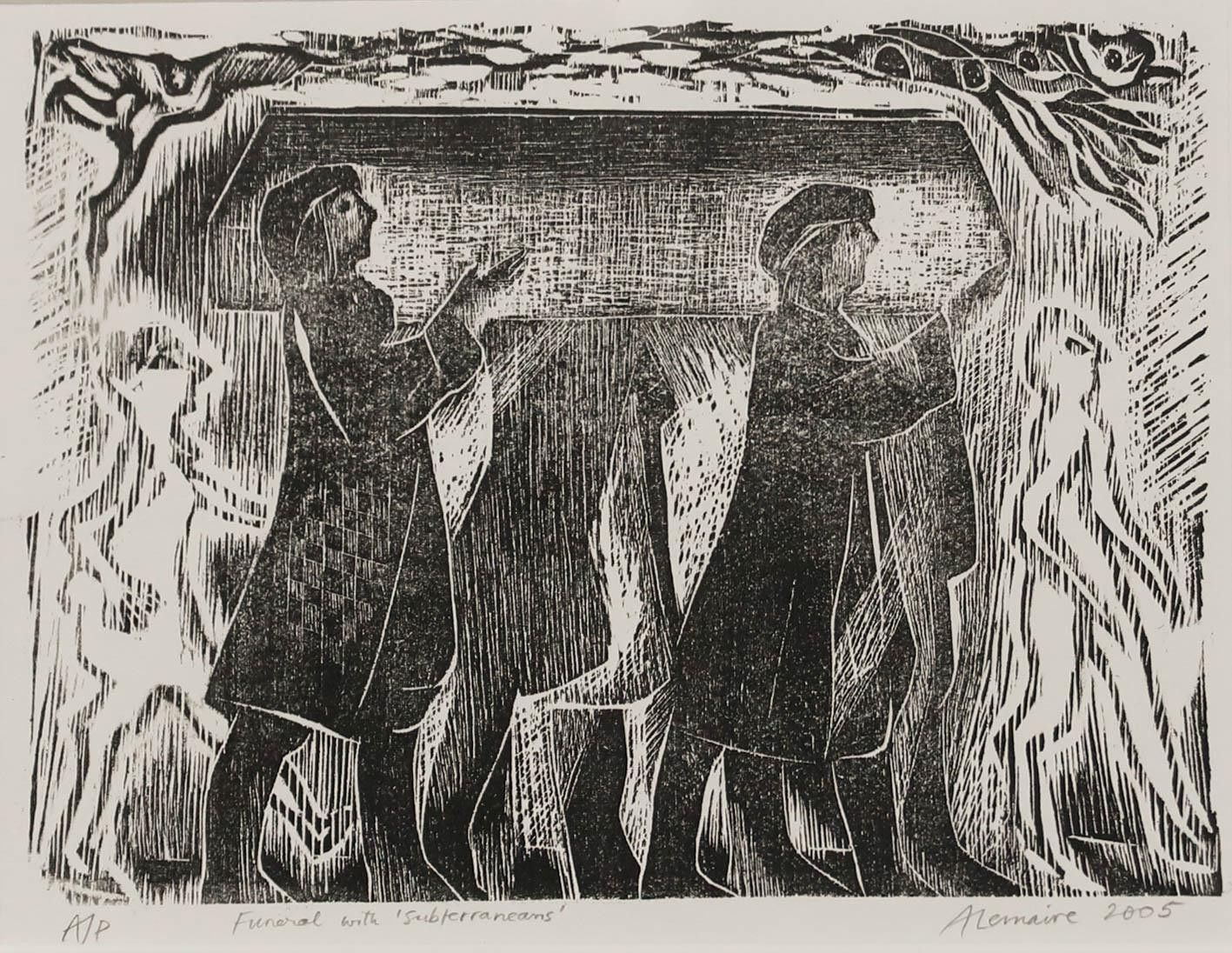 Angela Lemaire (1944 2025) 2005 Woodcut, Funeral With Subterraneans photo furniture