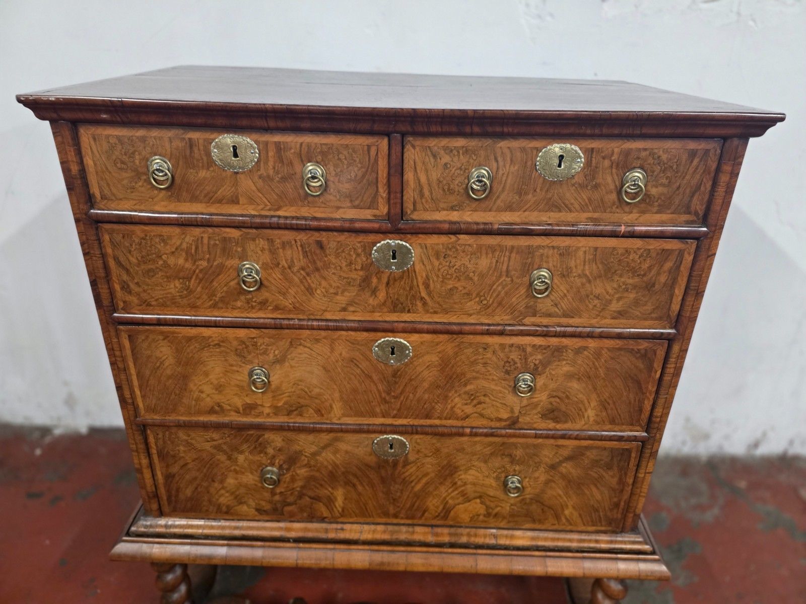 Antique Burr Walnut Queen Anne Chest On Stand 1710. photo vintage