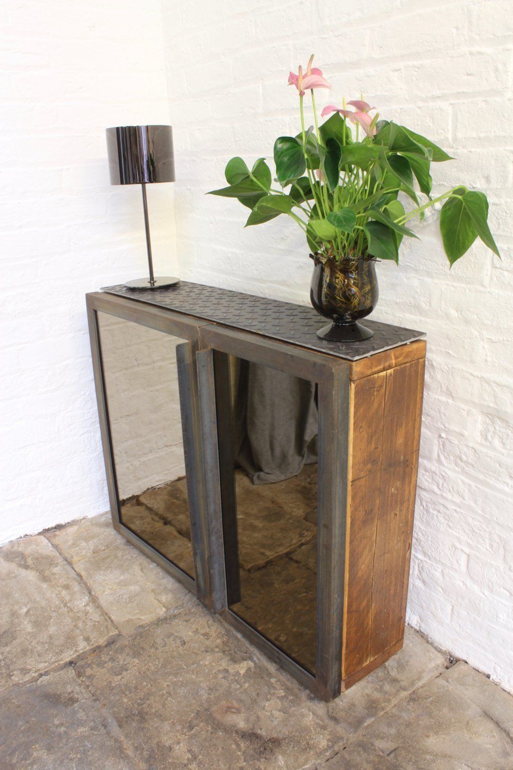 Fiona Asymmetric Mirrored Door And Reclaimed Scaffolding Board Hall Unit With Shoe Storage   Bespoke Urban Furniture