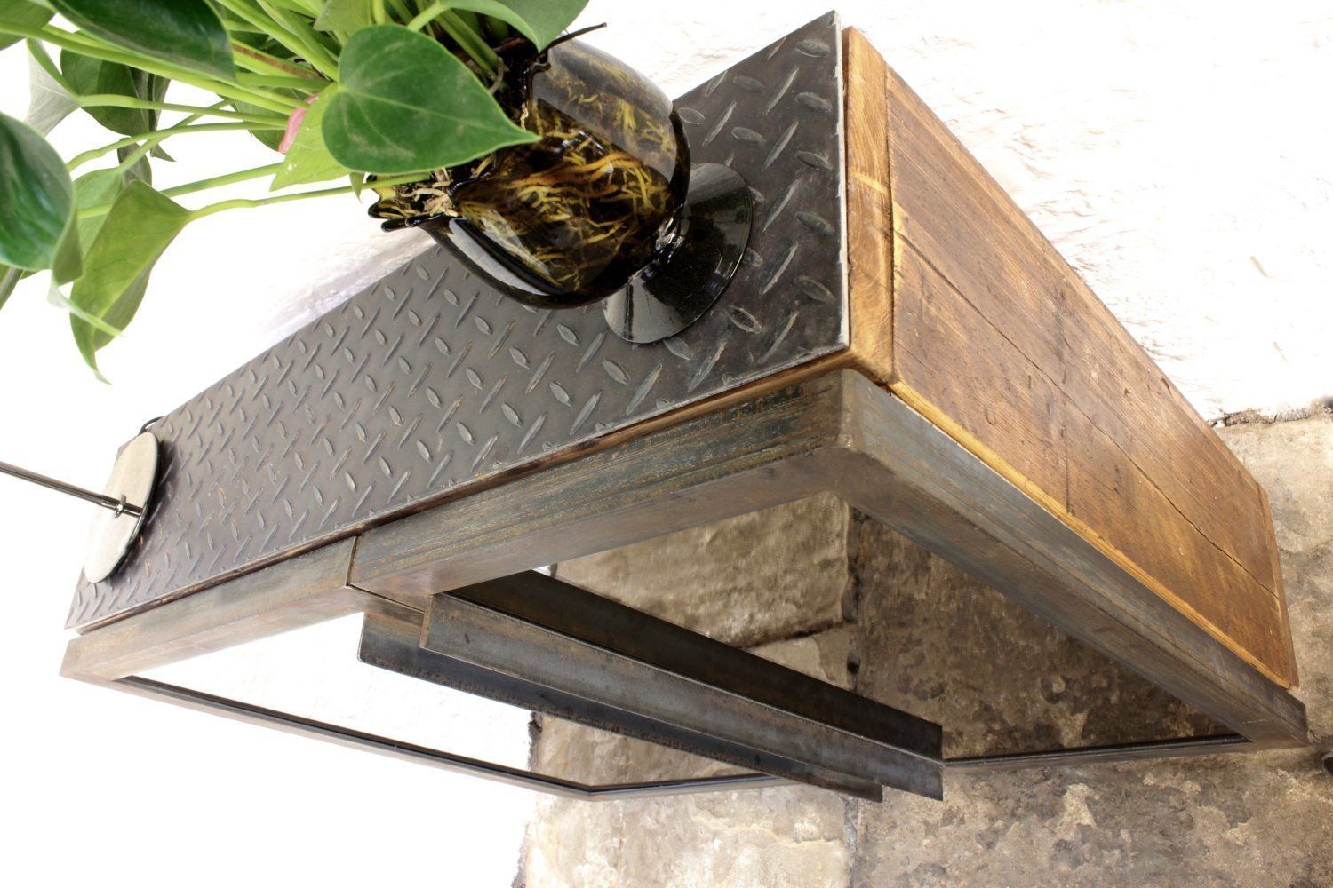 Fiona Asymmetric Mirrored Door And Reclaimed Scaffolding Board Hall Unit With Shoe Storage   Bespoke Urban Furniture photo Furniture