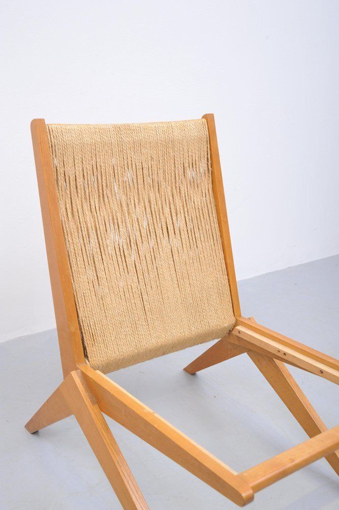 photo for sale Mid Century Ash Wood Scissor Chairs With Sisal Backrests By Pierre Jeanneret, 1950s, Set Of 2