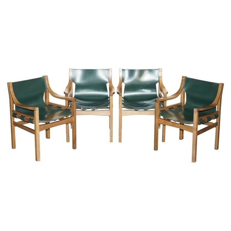 Suite Of Four Rrp £5,240 Old Livoni Walnut Framed Green Saddle Leather Armchairs
