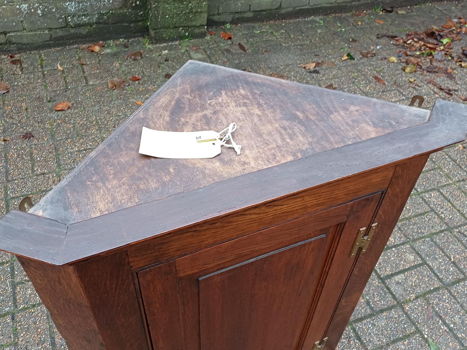 Antique Oak Corner Wall Cupboard C.1900 Solid Oak Panel Door Georgian Style Brass Hinges Original Key Shaped Shelved photo furniture