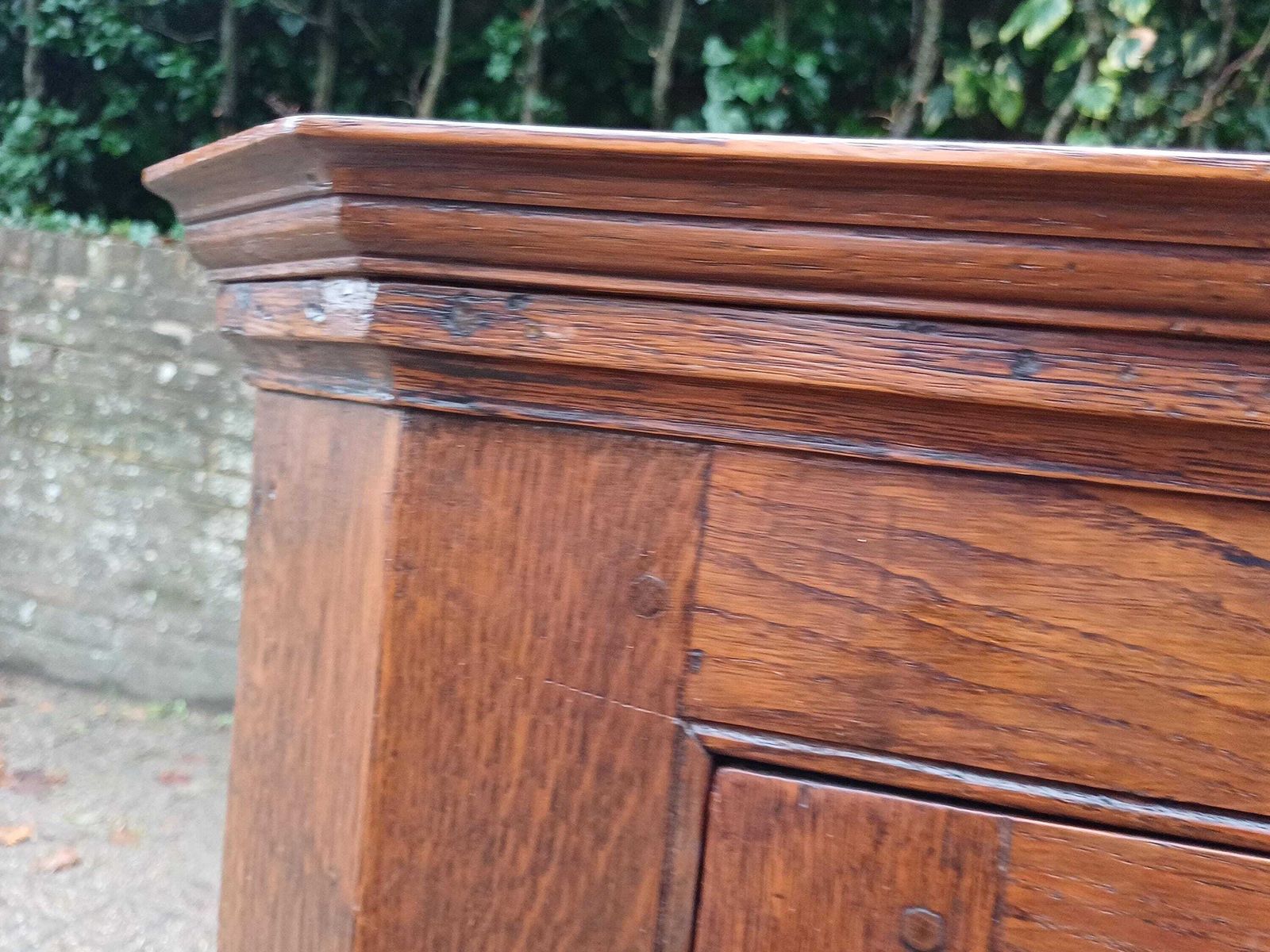 photo furniture Antique Oak Corner Wall Cupboard C.1900 Solid Oak Panel Door Georgian Style Brass Hinges Original Key Shaped Shelved