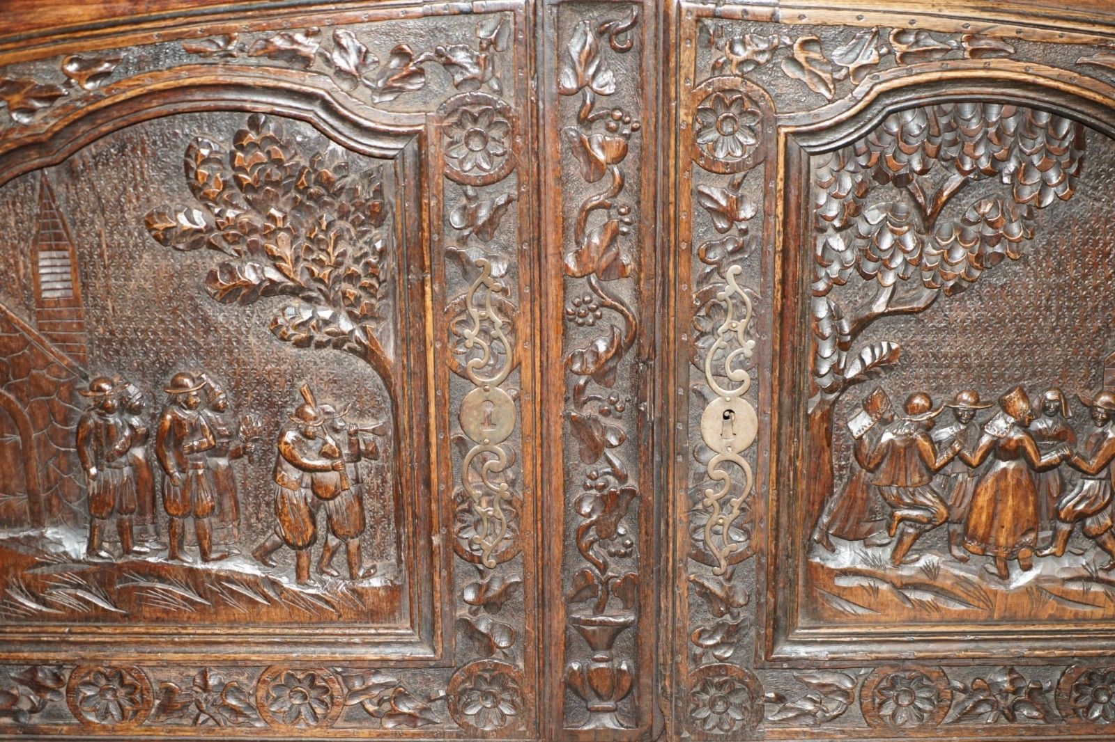 photo for sale Antique 1860 Ornately Hand Carved Dutch Housekeepers Linen Or Kitchen Cupboard