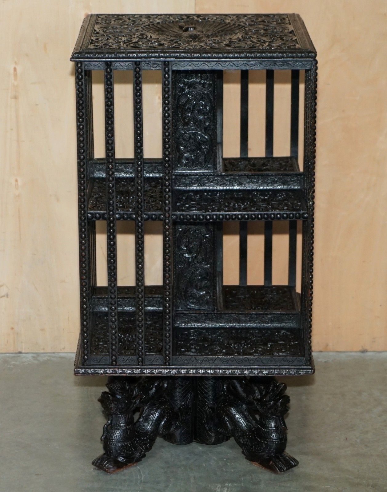 Super Rare Antique 1880 Anglo Indian Ornately Carved Revolving Bookcase Table photo for sale