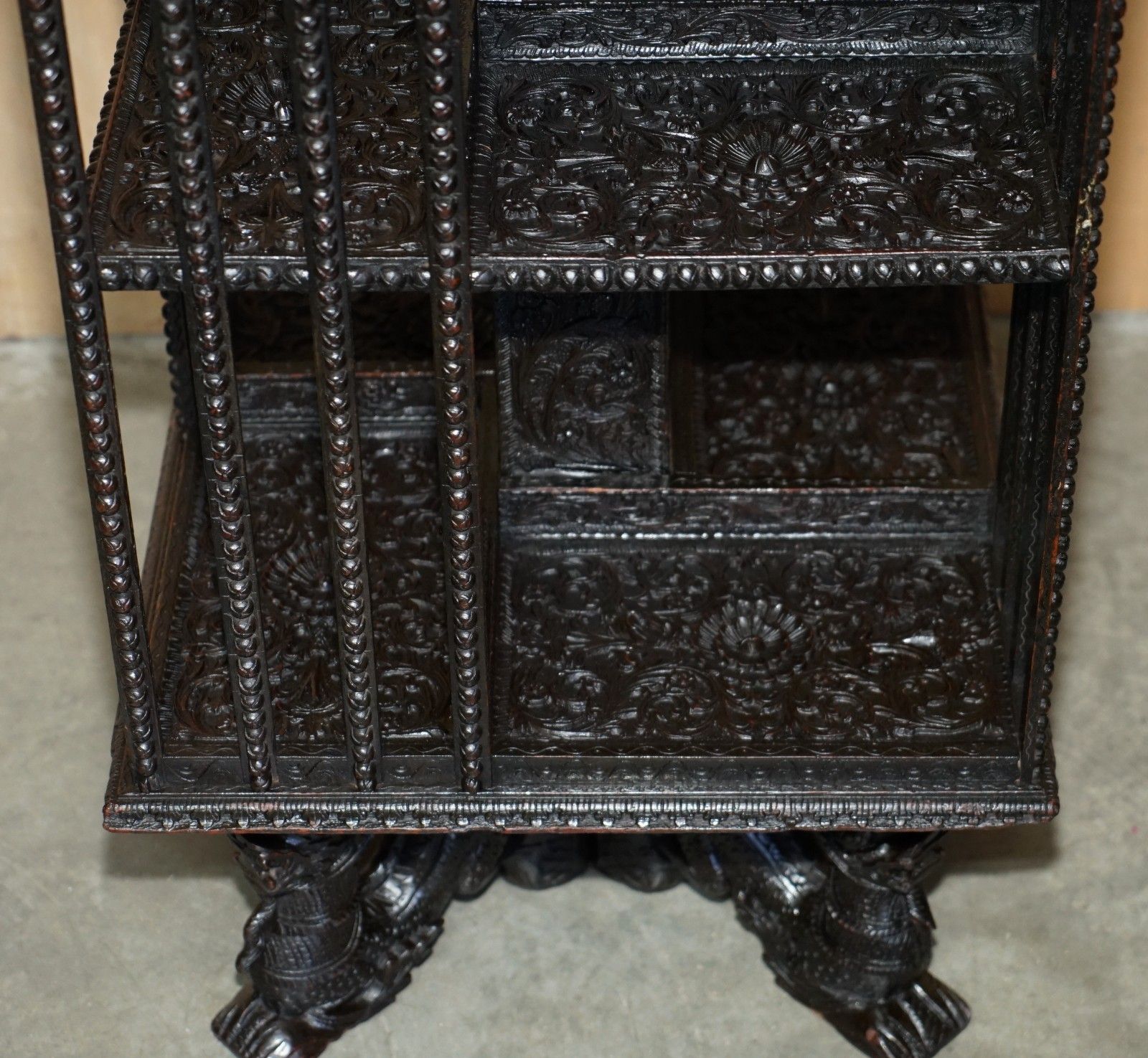 Super Rare Antique 1880 Anglo Indian Ornately Carved Revolving Bookcase Table photo buy