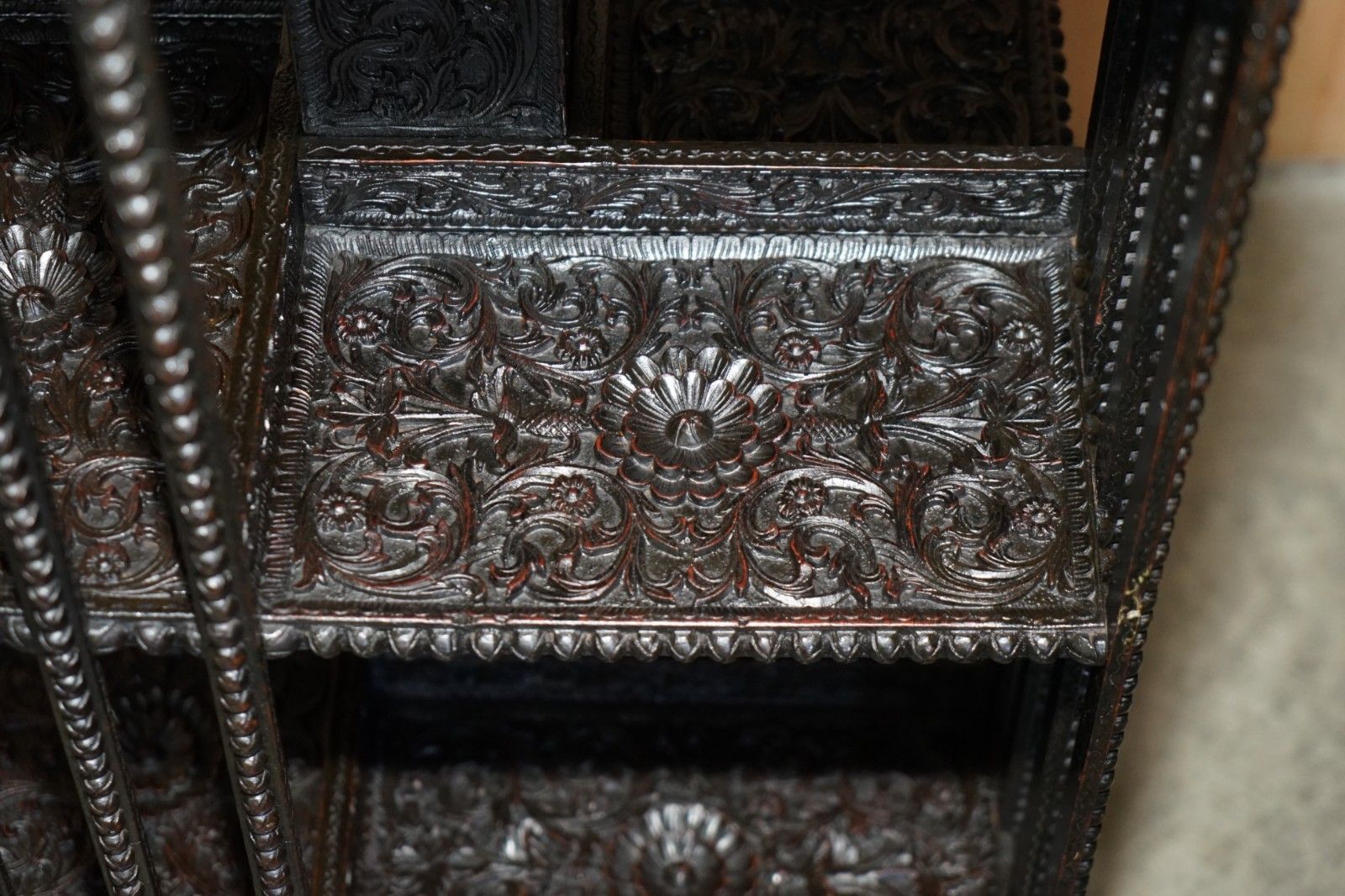 Furniture Super Rare Antique 1880 Anglo Indian Ornately Carved Revolving Bookcase Table photo