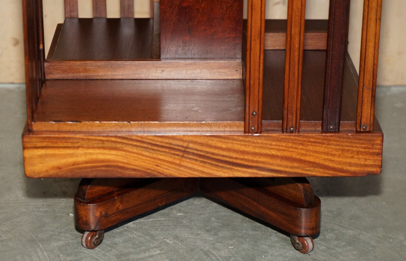 photo for sale Fine Antique Sheraton Walnut, Satinwood & Porcelain Revolving Bookcase Table