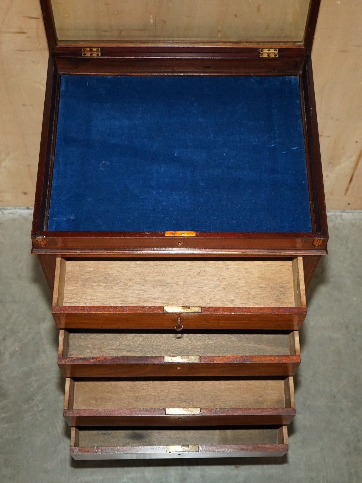 photo buy Stunning Antique Victorian Sheraton Walnut Drawers With Napoleonic Blue Display
