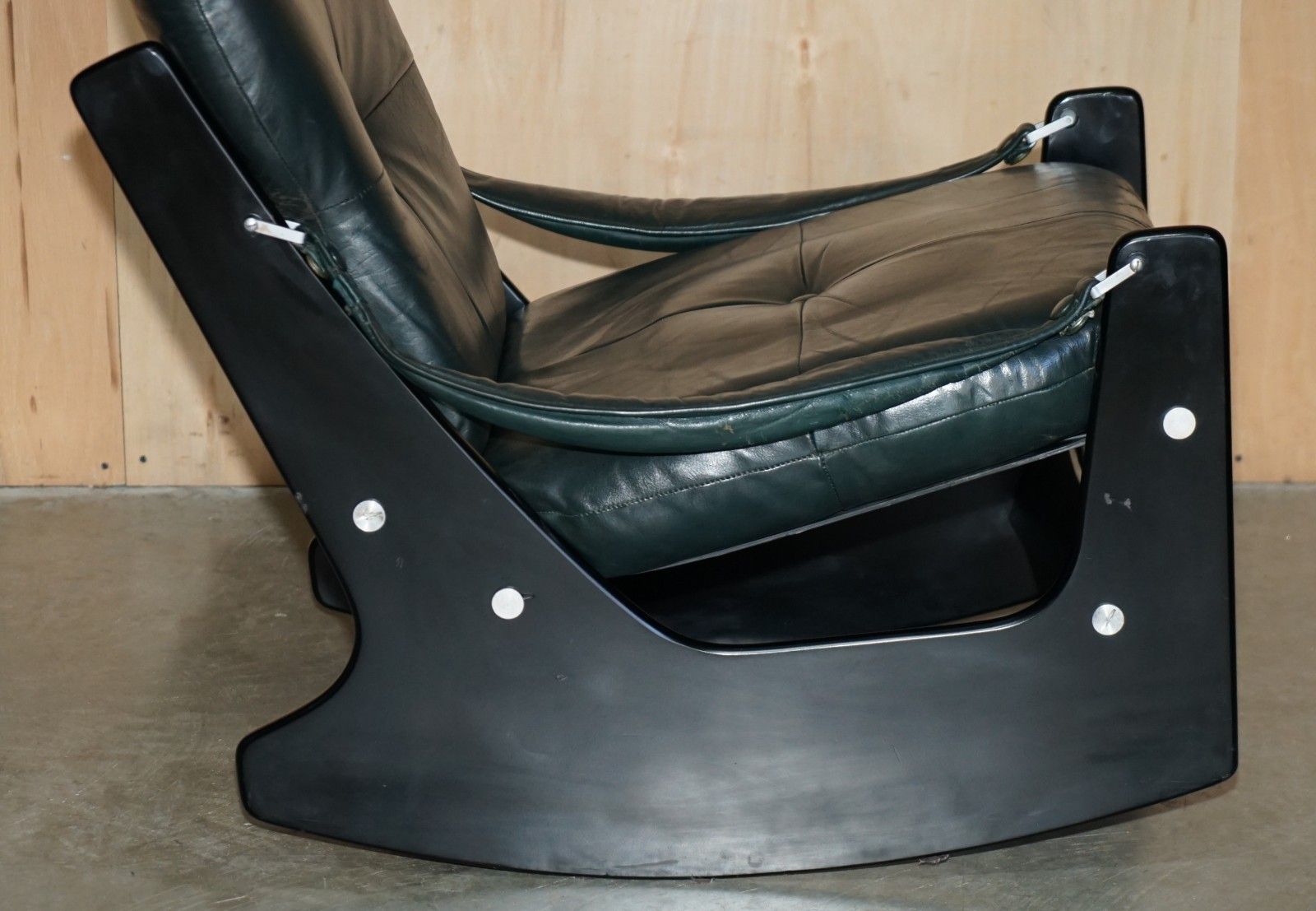 Furniture Fine Mid Century Modern Green Leather 1970's Pirelli Chesterfield Rocking Chair photo
