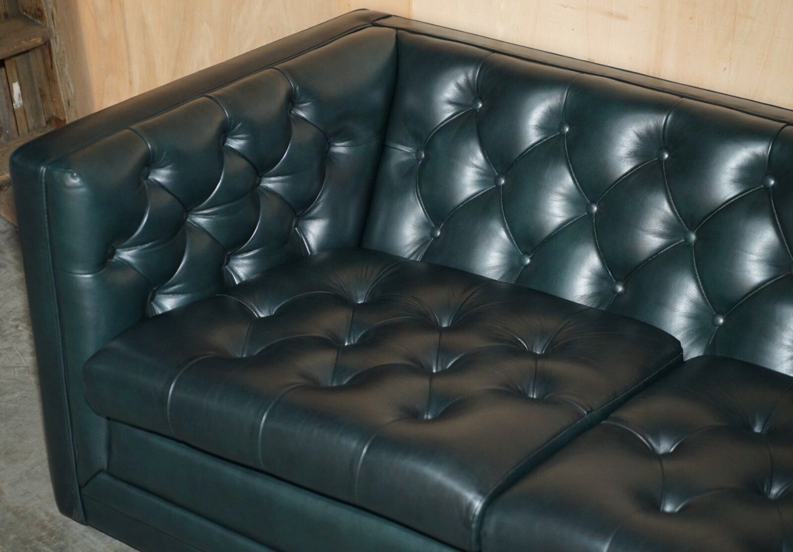 Art Deco Style 1970's Green Leather Chesterfield Sofa & Pair Of Armchairs Suite photo 8950.0