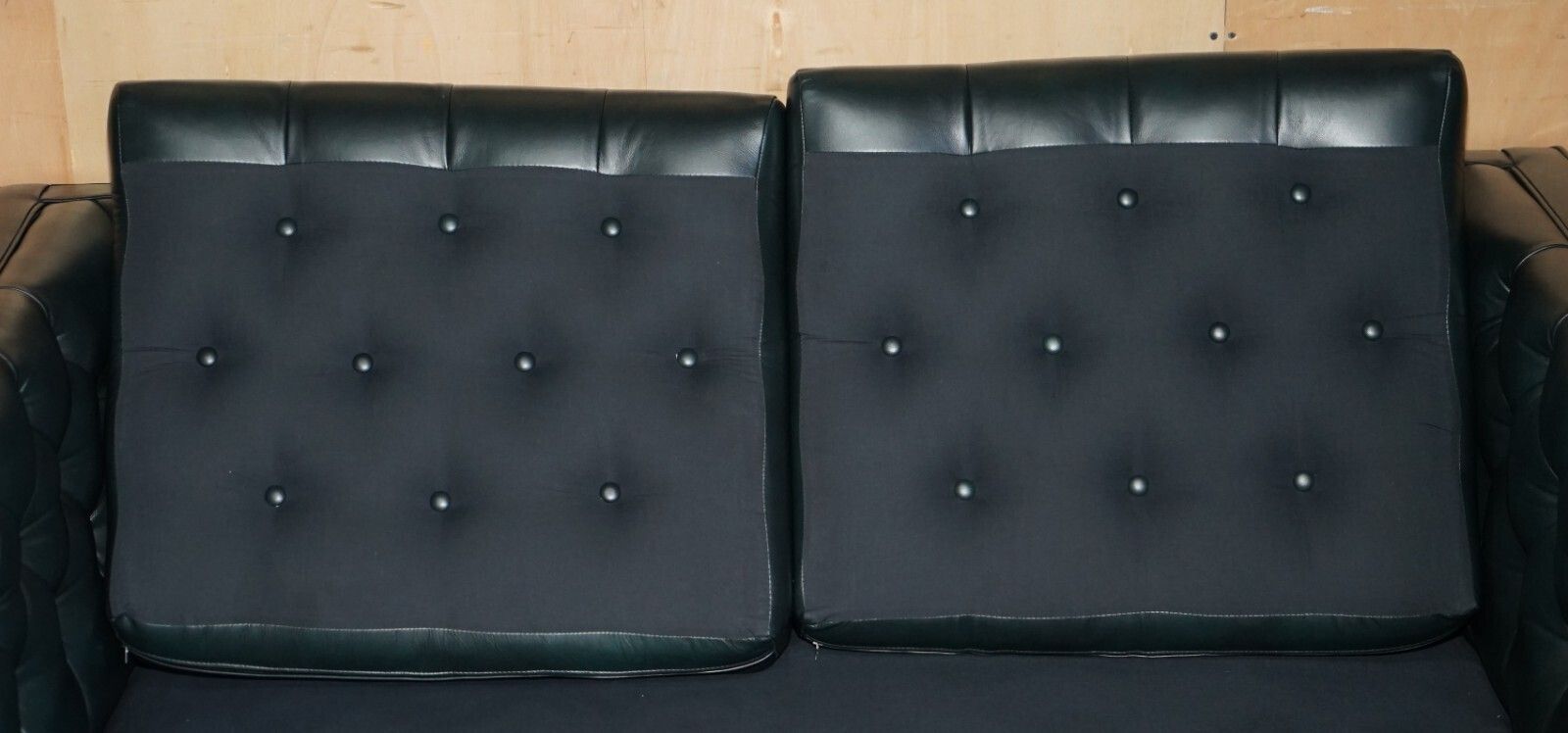 photo for sale Art Deco Style 1970's Green Leather Chesterfield Sofa & Pair Of Armchairs Suite