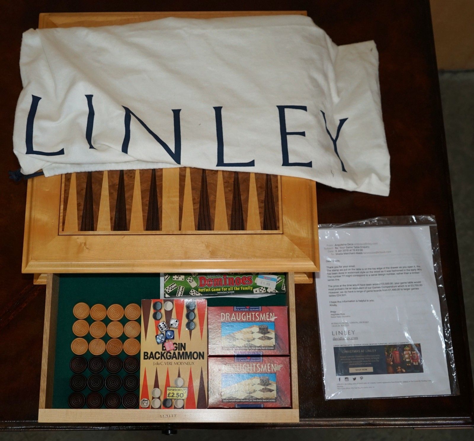photo vintage Rare Viscount David Linley Satinwood & Burr Walnut Chessboard & Backgammon