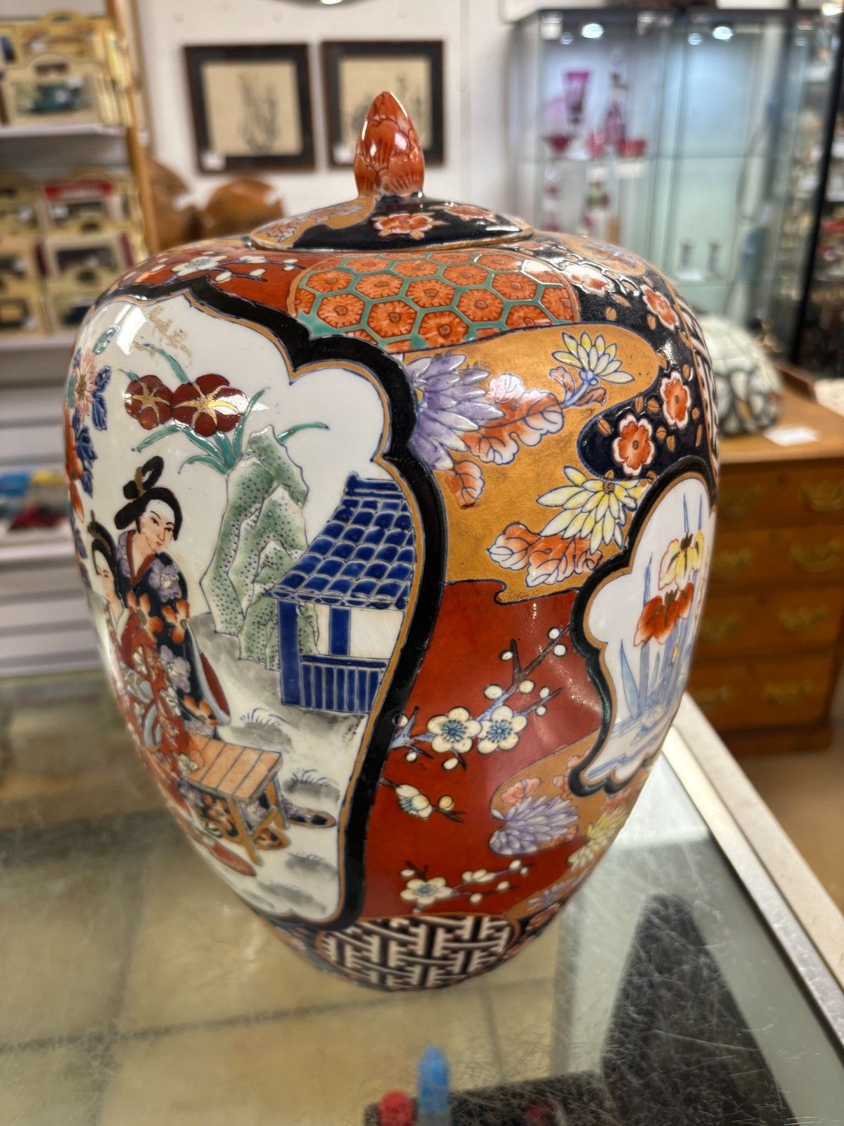 Vintage Oriental Japanese Imari Hand Painted Jar With Lid photo vinterior