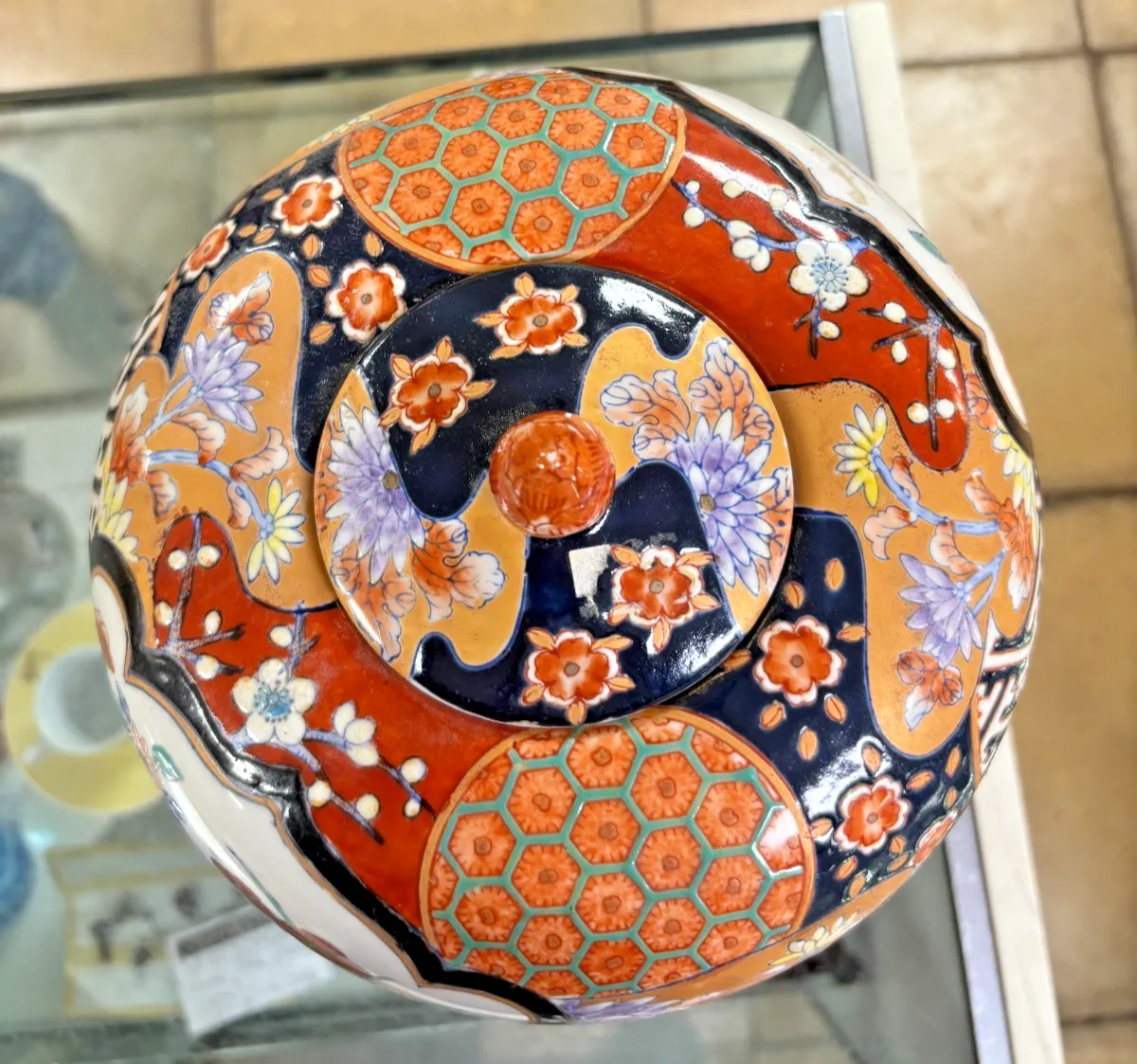 photo for sale Vintage Oriental Japanese Imari Hand Painted Jar With Lid